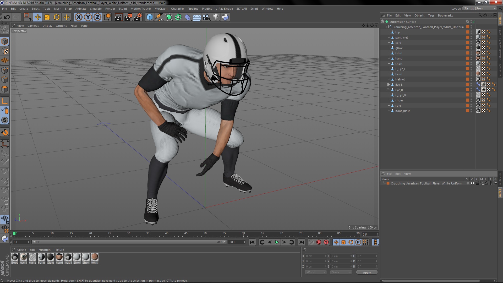 3D Crouching American Football Player White Uniform model