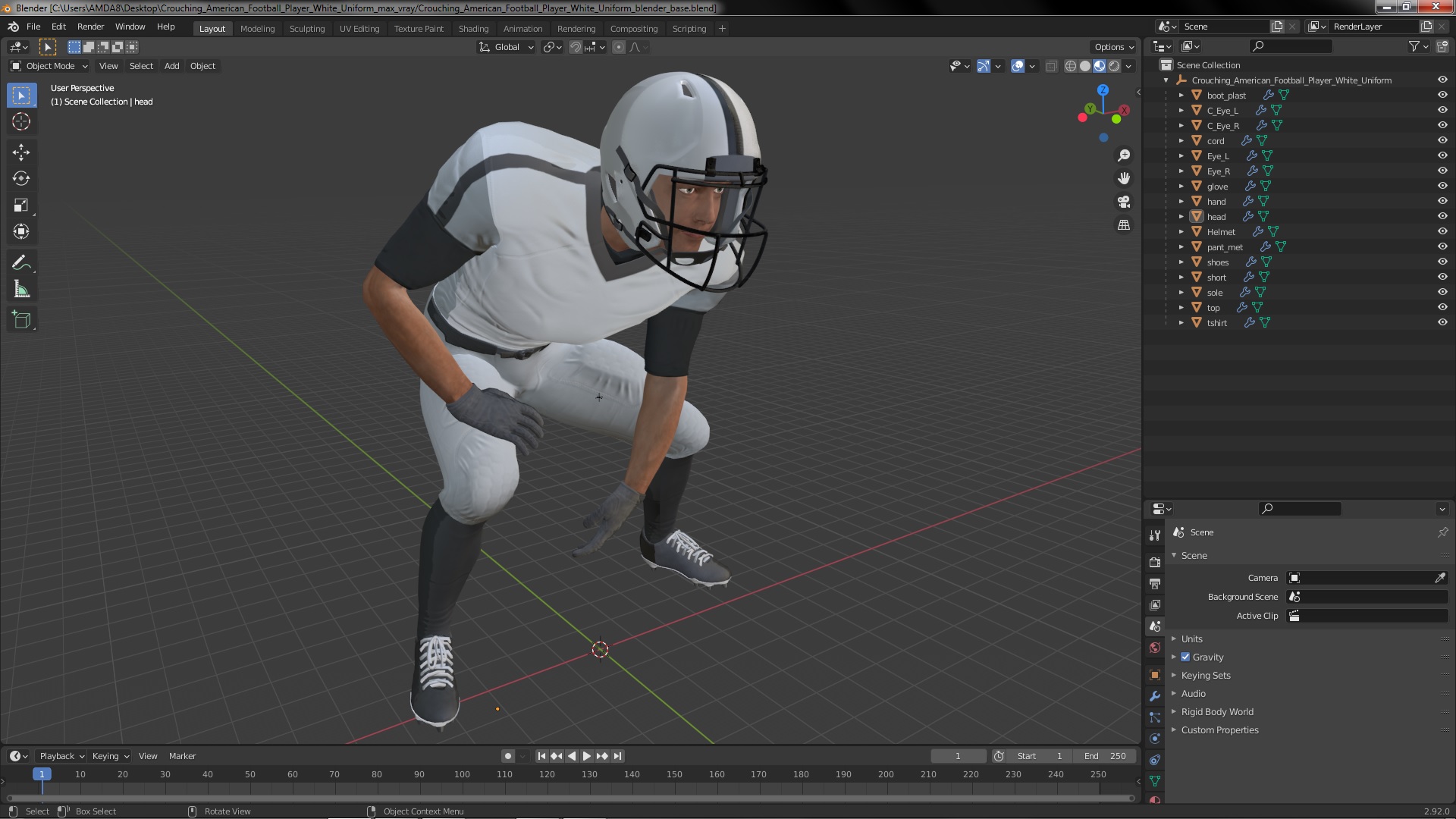 3D Crouching American Football Player White Uniform model