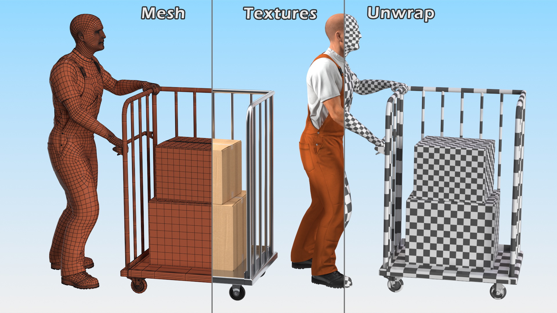 3D Worker with Trolley Platform High Railing Cardboard Boxes Rigged Fur model