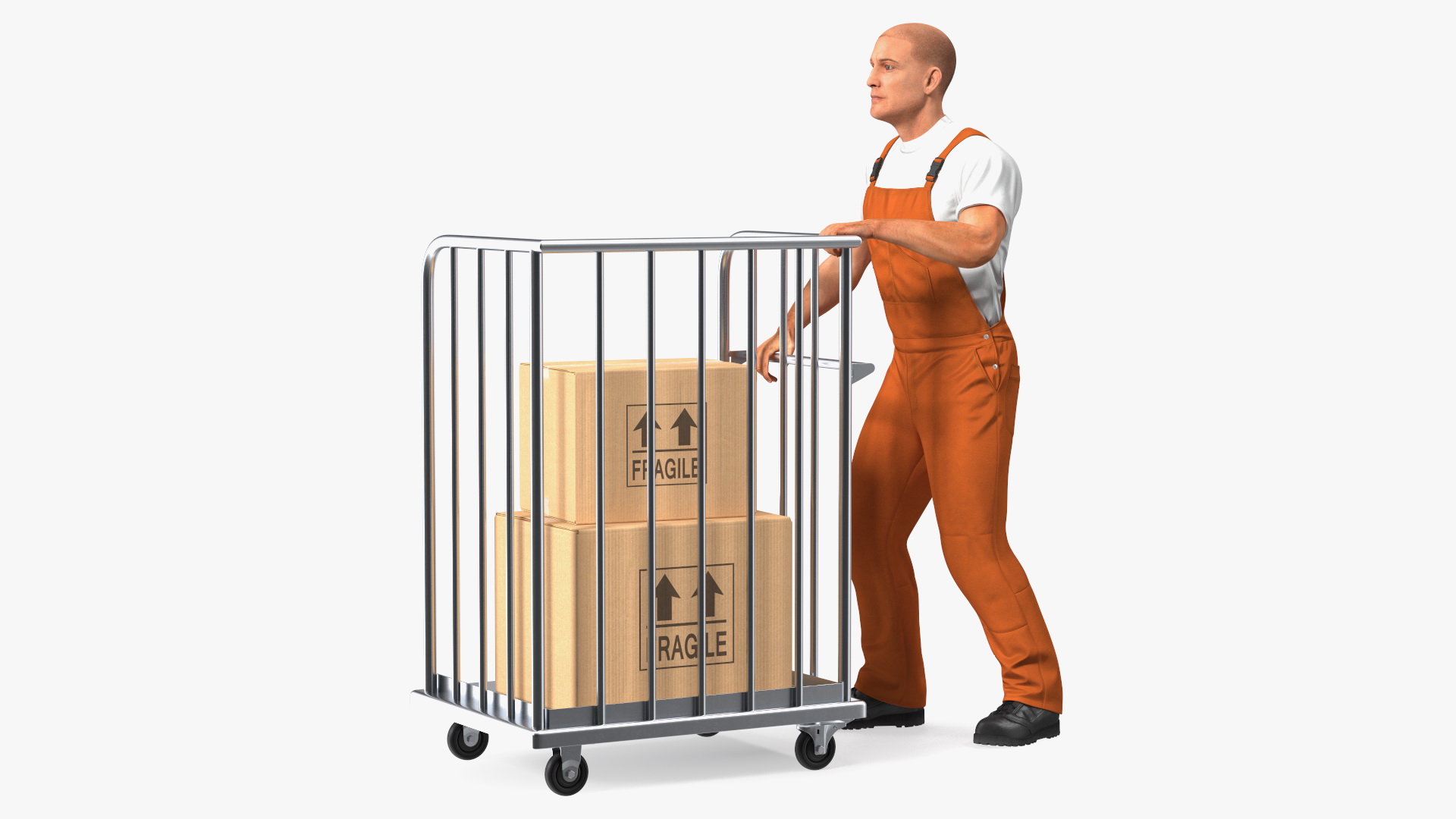 3D Worker with Trolley Platform High Railing Cardboard Boxes Rigged Fur model