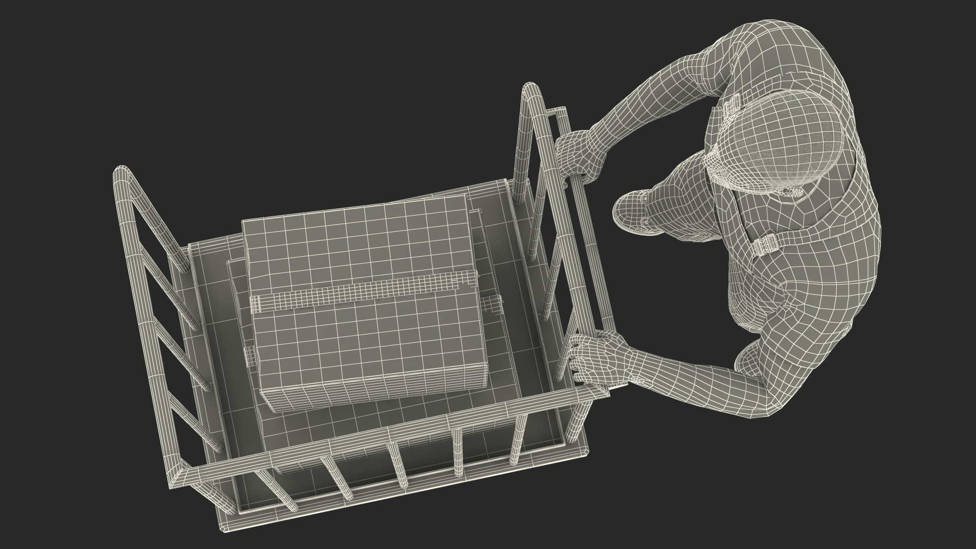 3D Worker with Trolley Platform High Railing Cardboard Boxes Rigged Fur model