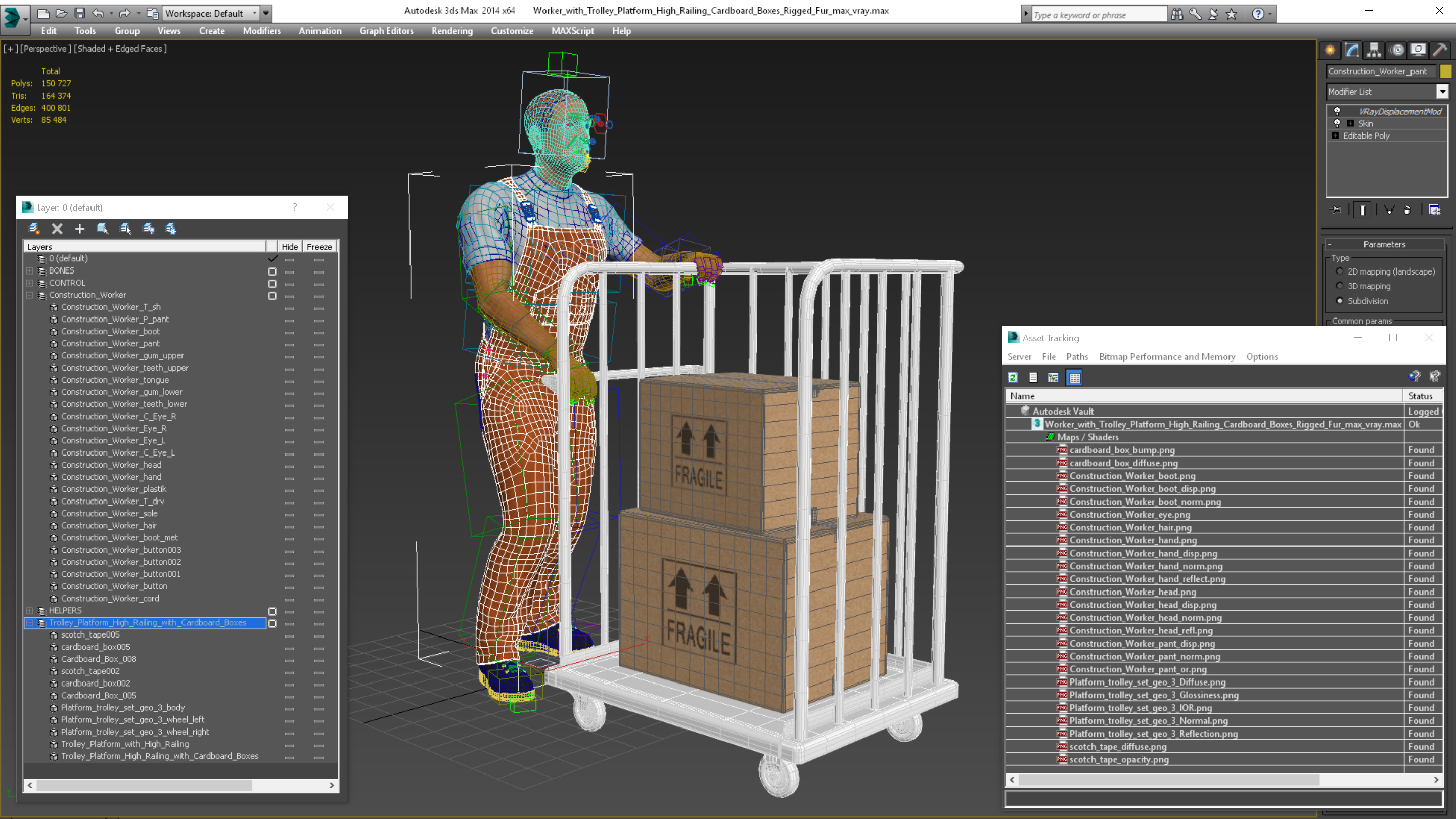 3D Worker with Trolley Platform High Railing Cardboard Boxes Rigged Fur model