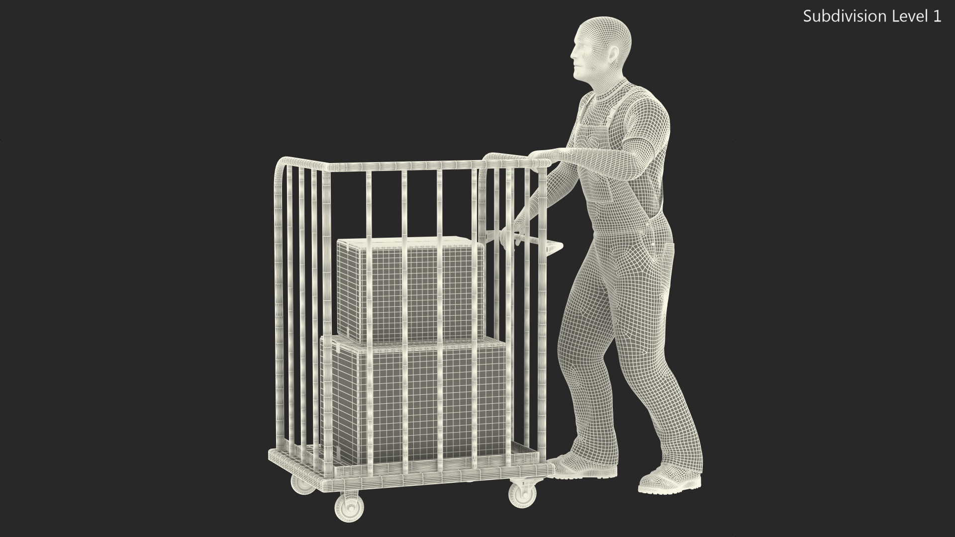 3D Worker with Trolley Platform High Railing Cardboard Boxes Rigged Fur model
