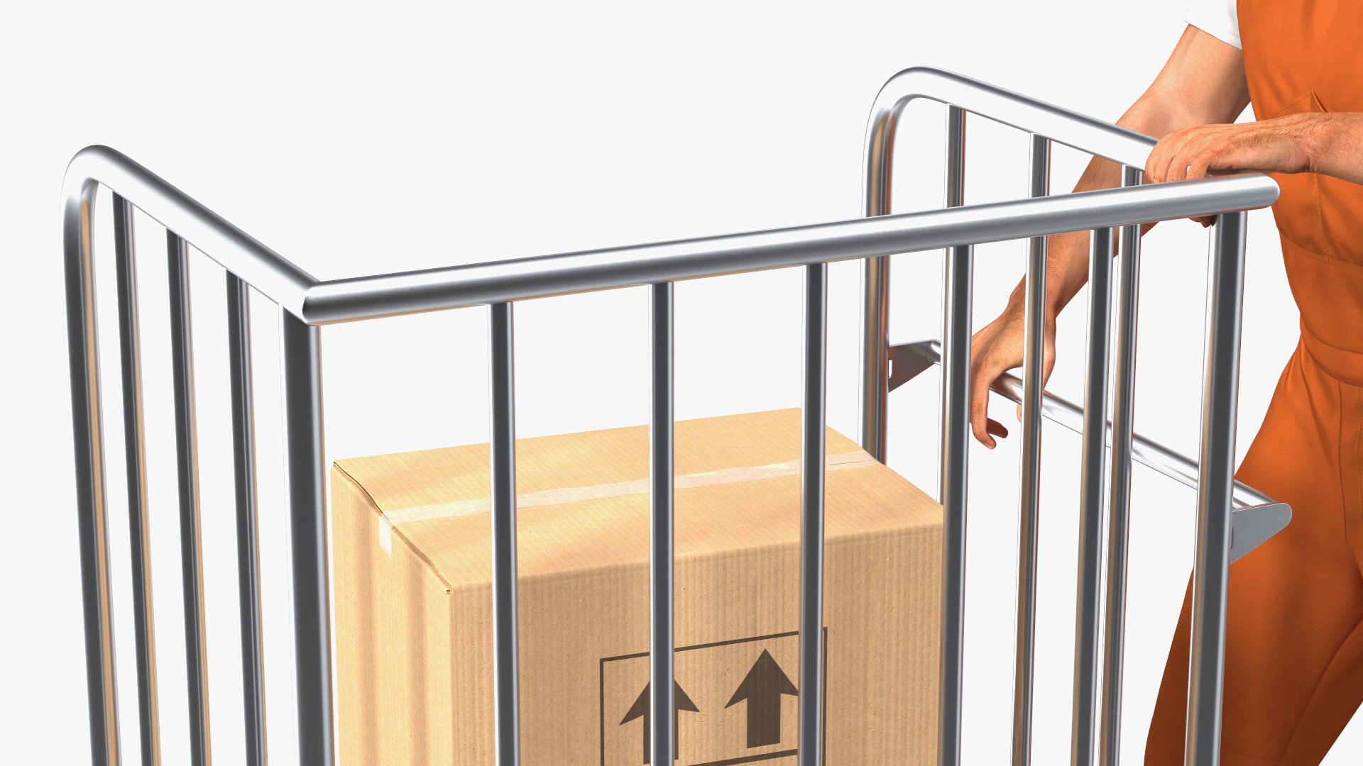 3D Worker with Trolley Platform High Railing Cardboard Boxes Rigged Fur model