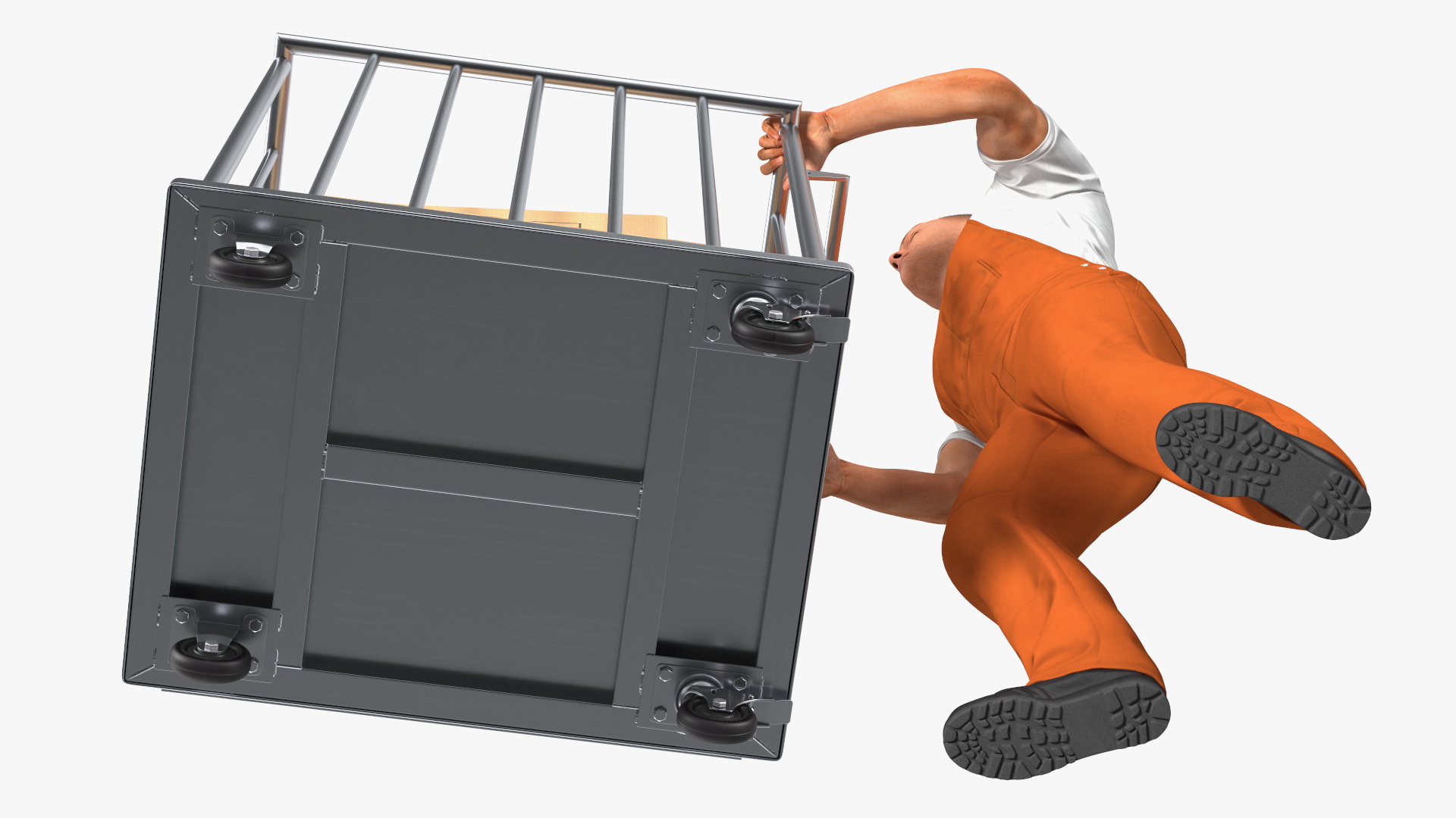 3D Worker with Trolley Platform High Railing Cardboard Boxes Rigged Fur model