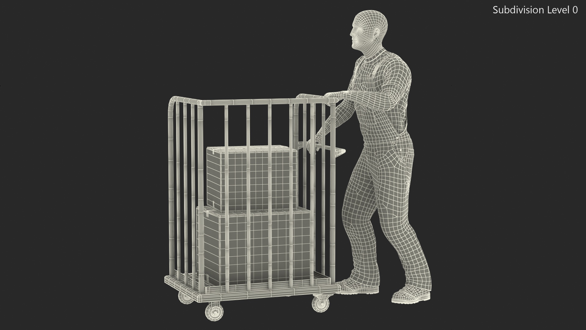 3D Worker with Trolley Platform High Railing Cardboard Boxes Rigged Fur model