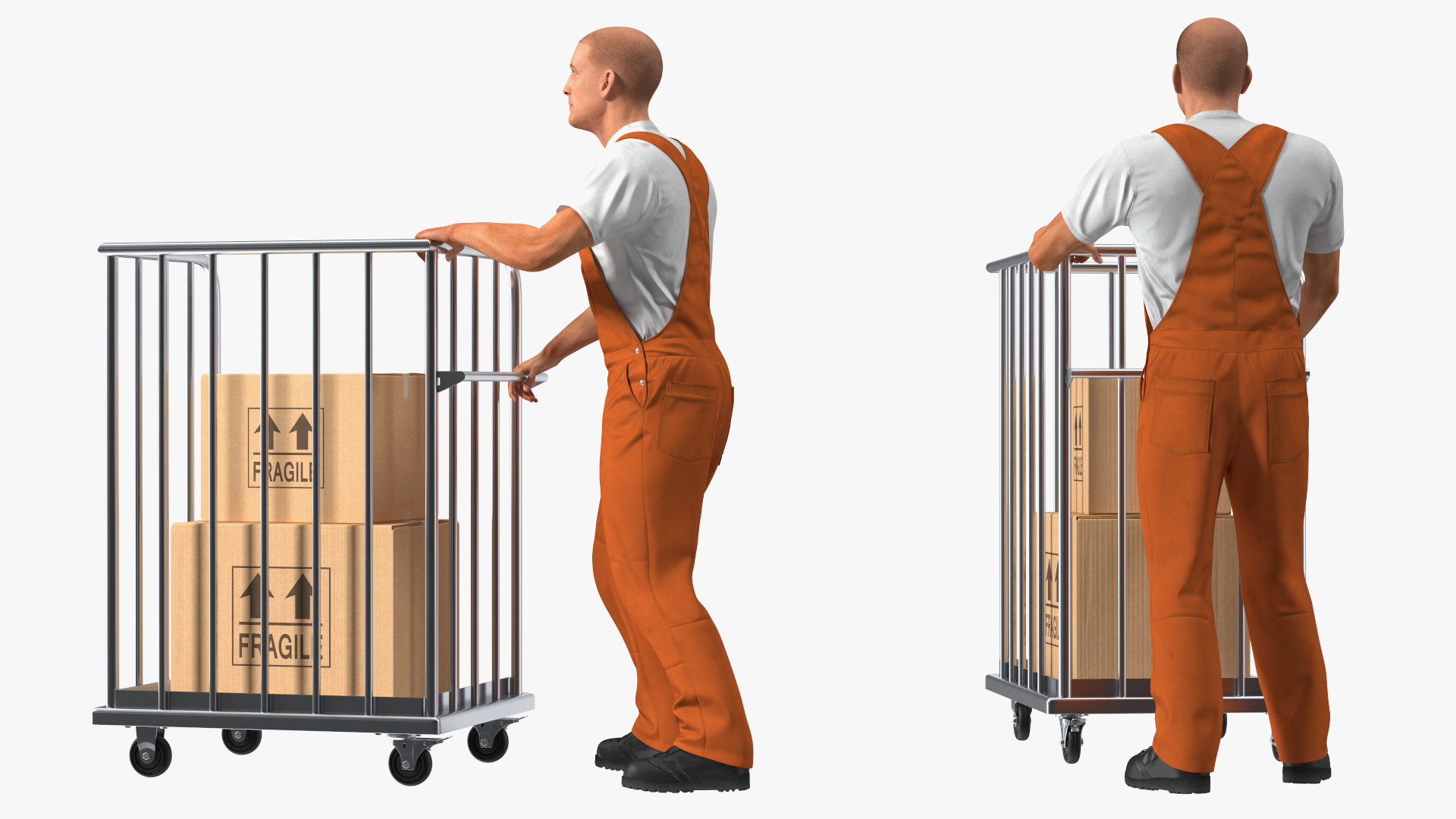 3D Worker with Trolley Platform High Railing Cardboard Boxes Rigged Fur model
