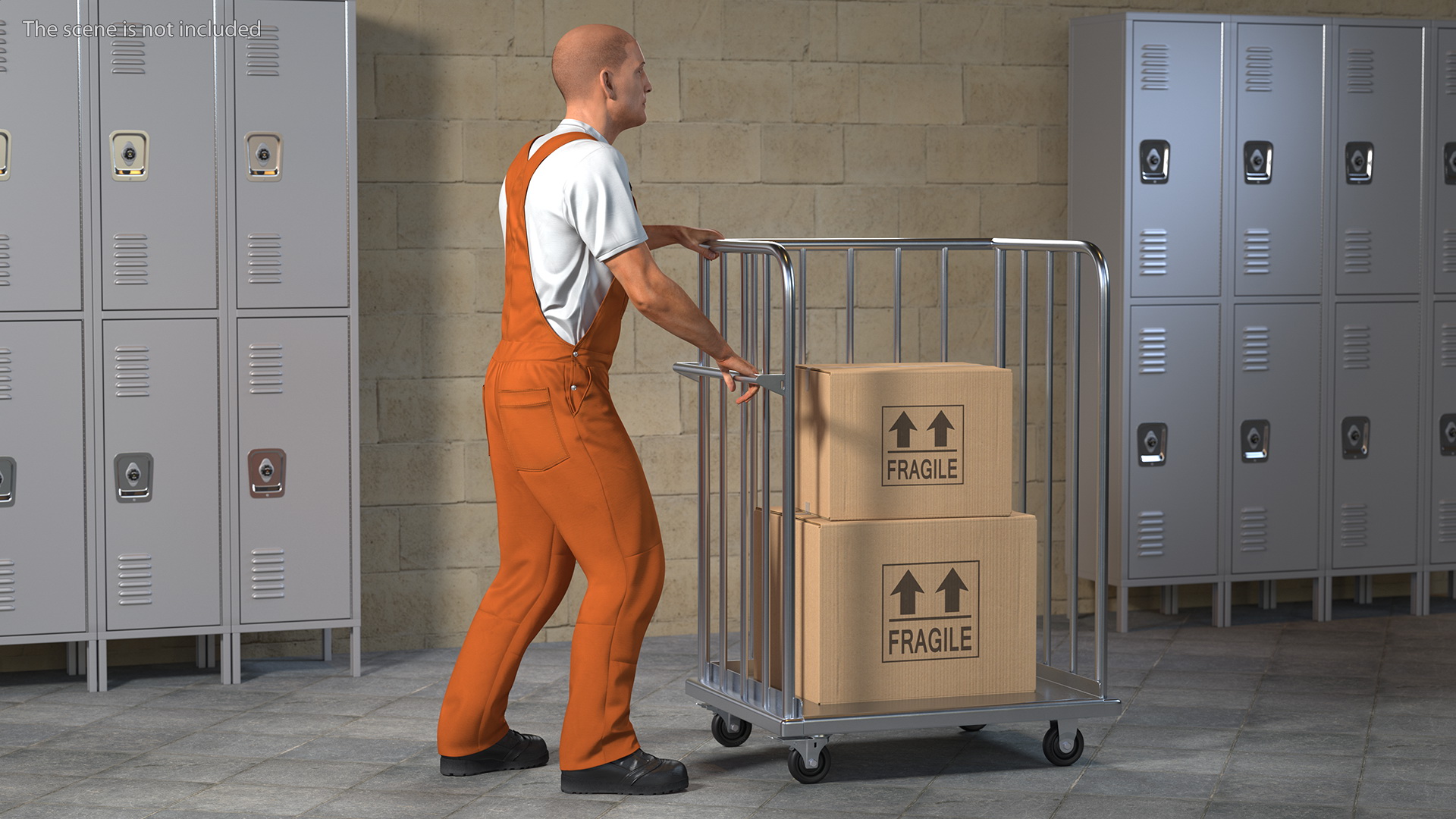 3D Worker with Trolley Platform High Railing Cardboard Boxes Rigged Fur model