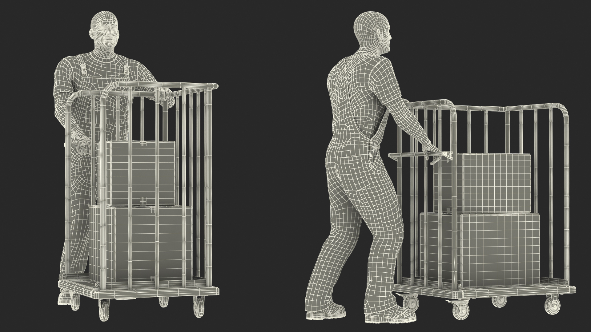3D Worker with Trolley Platform High Railing Cardboard Boxes Rigged Fur model