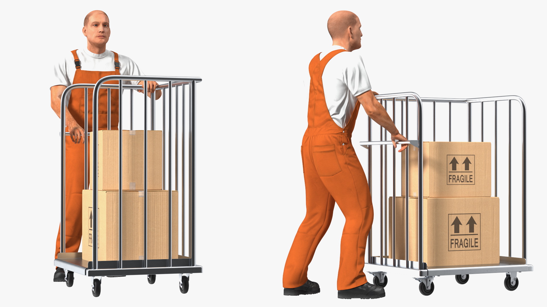 3D Worker with Trolley Platform High Railing Cardboard Boxes Rigged Fur model