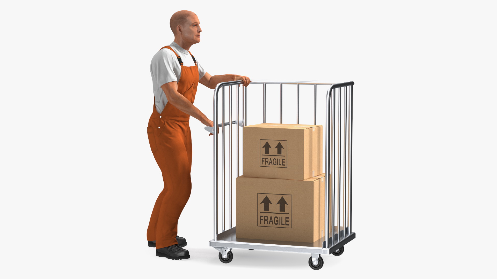 3D Worker with Trolley Platform High Railing Cardboard Boxes Rigged Fur model