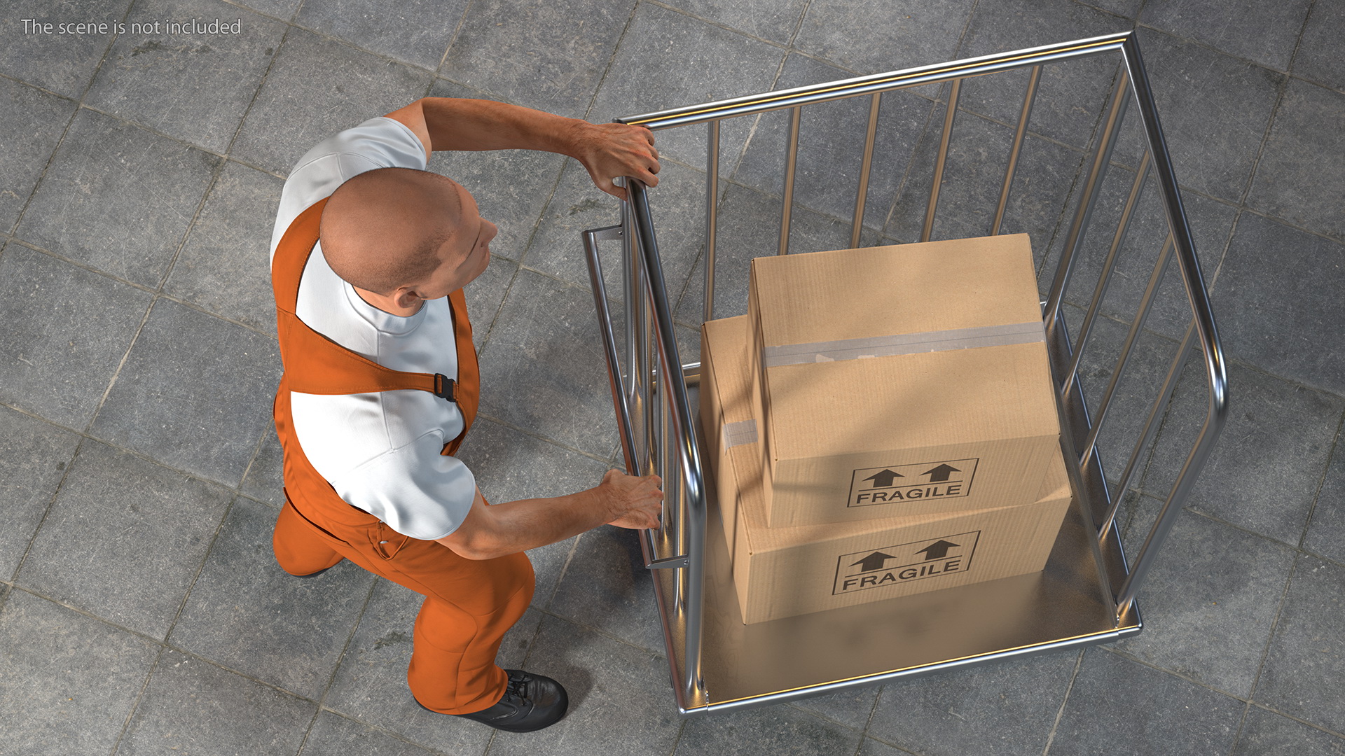 3D Worker with Trolley Platform High Railing Cardboard Boxes Rigged Fur model