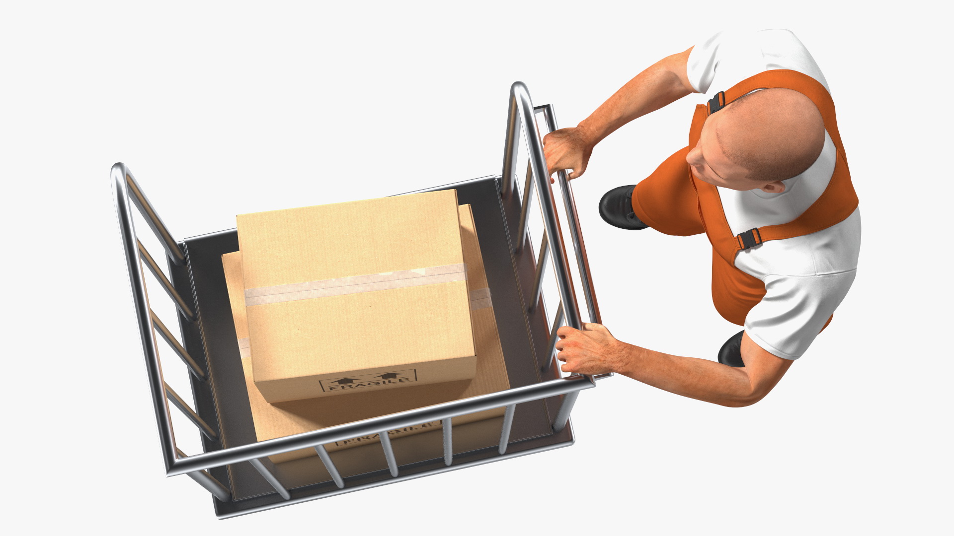 3D Worker with Trolley Platform High Railing Cardboard Boxes Rigged Fur model