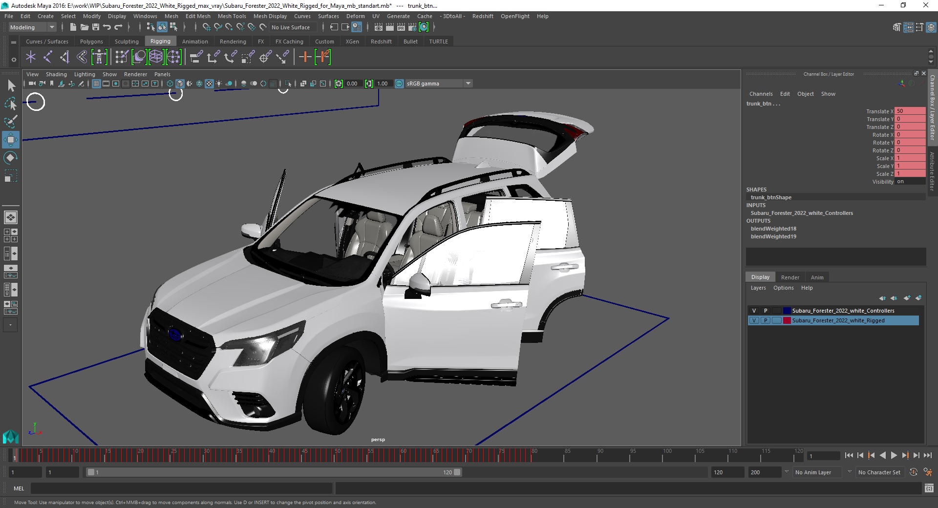 Subaru Forester 2022 White Rigged for Maya 3D