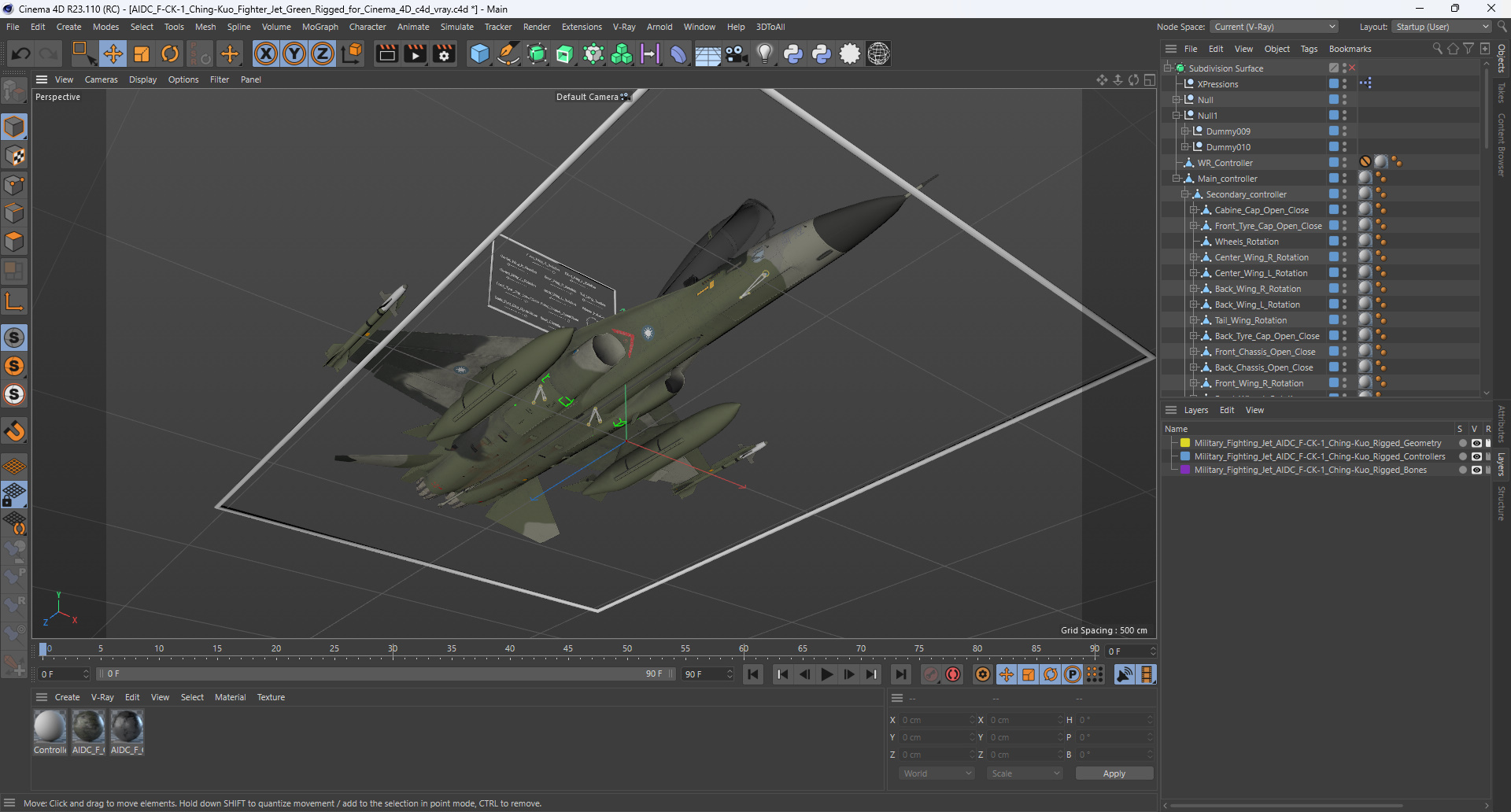 3D model AIDC F-CK-1 Ching-Kuo Fighter Jet Green Rigged for Cinema 4D