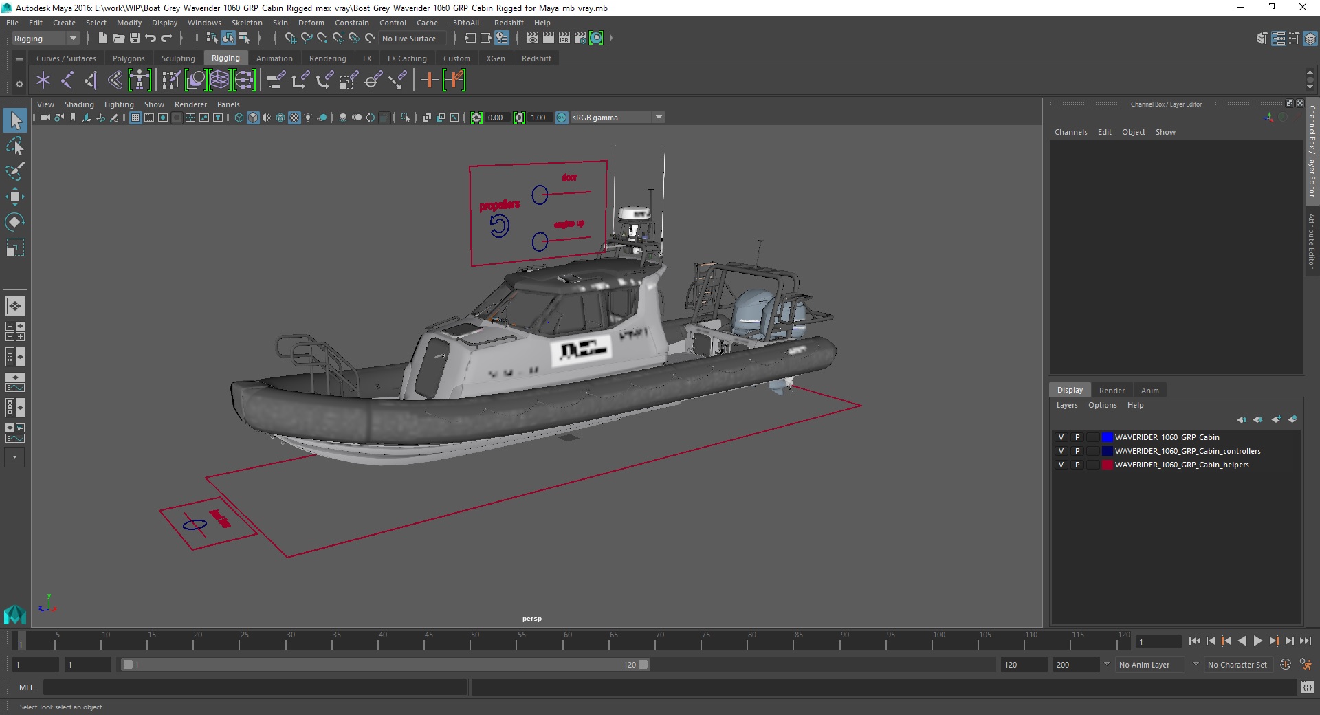 3D model Boat Grey Waverider 1060 GRP Cabin Rigged for Maya