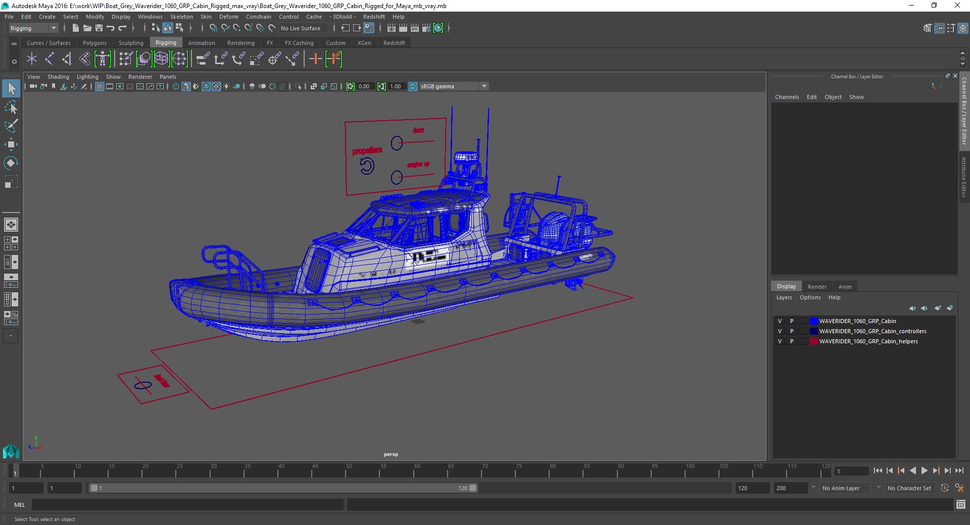 3D model Boat Grey Waverider 1060 GRP Cabin Rigged for Maya