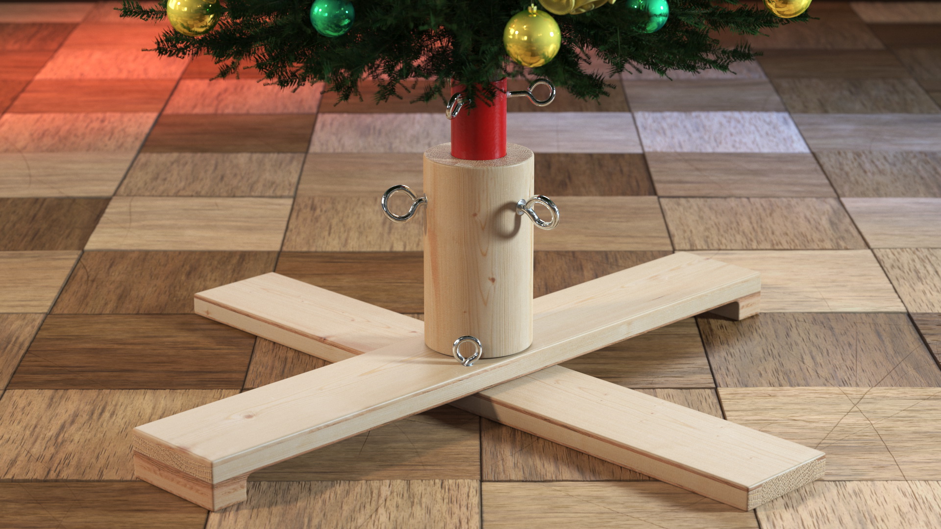 Wooden Christmas Tree Stand with Red Metal 3D