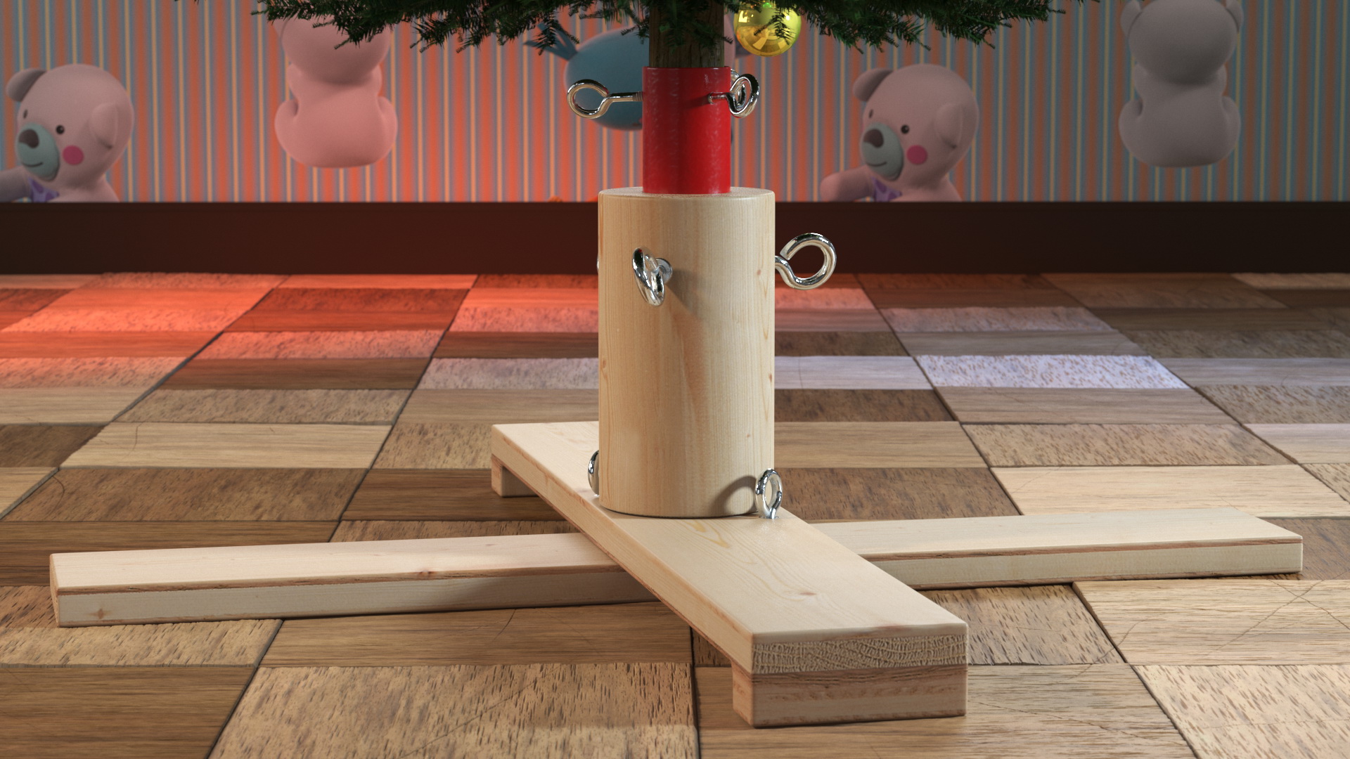 Wooden Christmas Tree Stand with Red Metal 3D