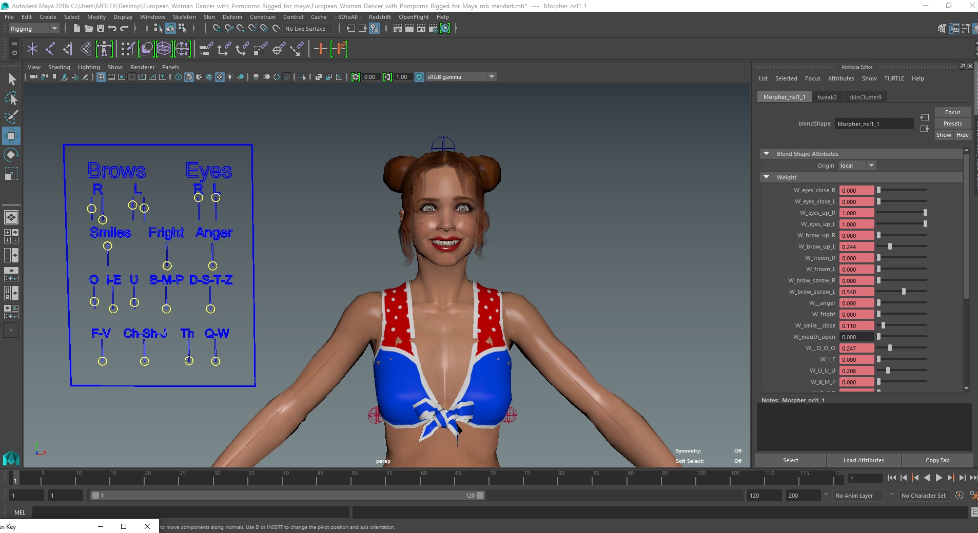 3D model European Woman Dancer with Pompoms Rigged for Maya