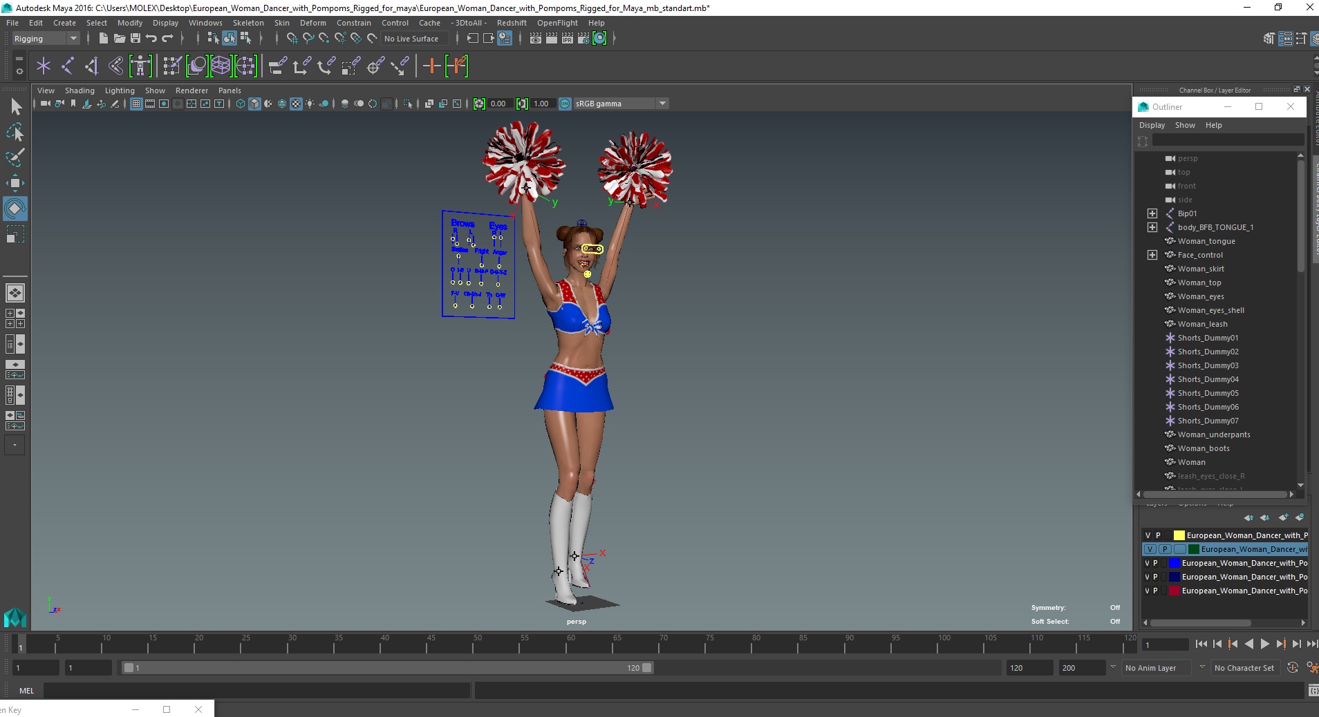 3D model European Woman Dancer with Pompoms Rigged for Maya
