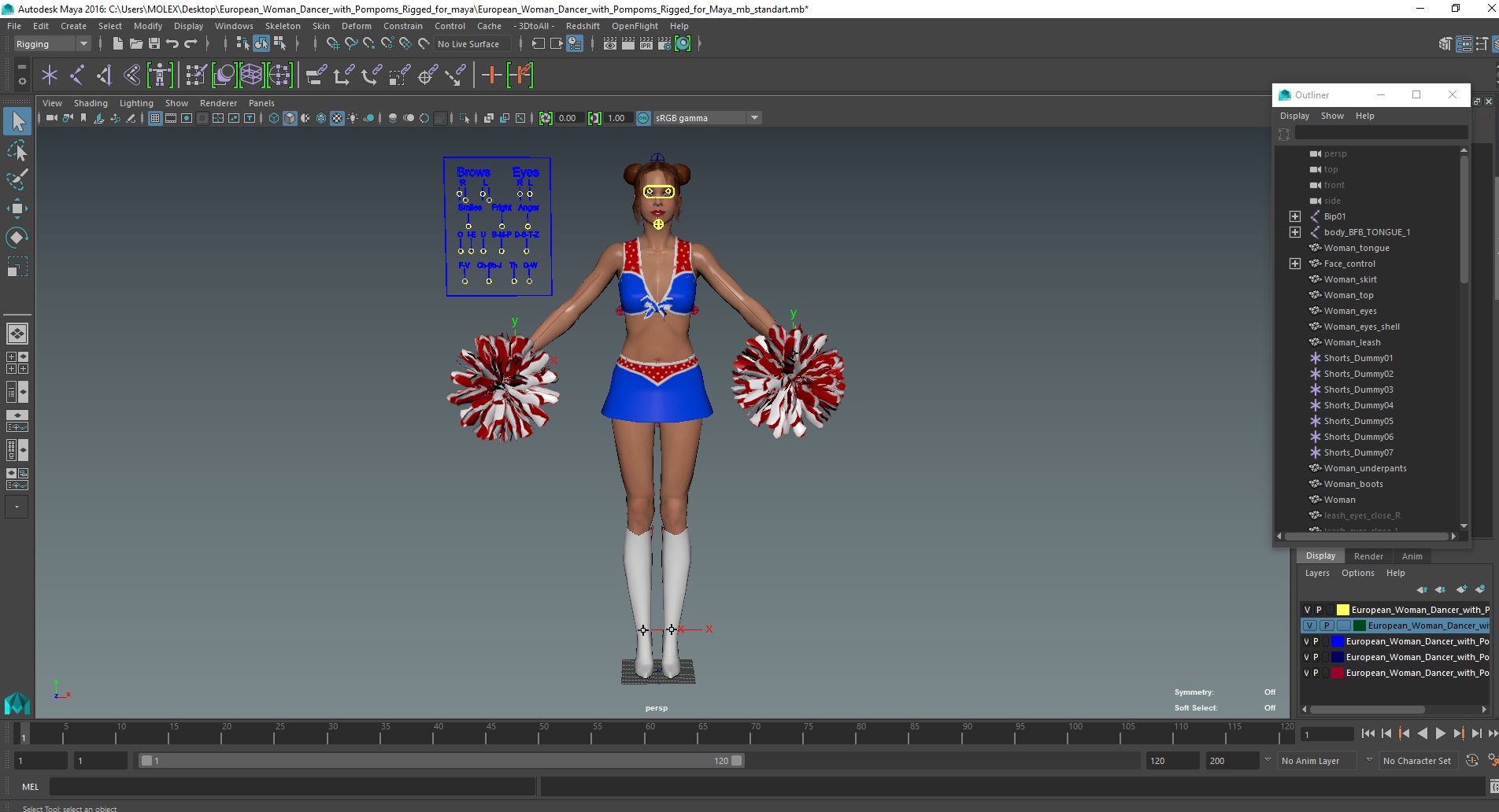 3D model European Woman Dancer with Pompoms Rigged for Maya