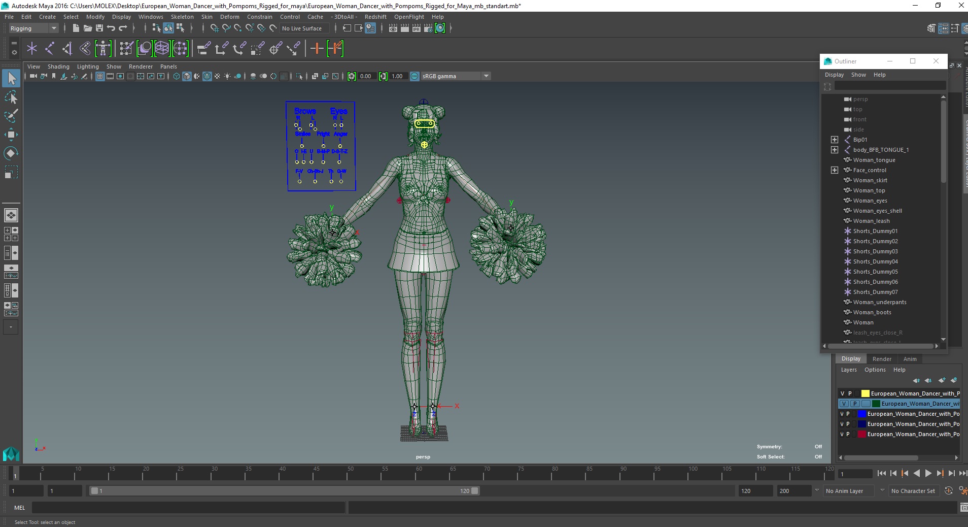 3D model European Woman Dancer with Pompoms Rigged for Maya