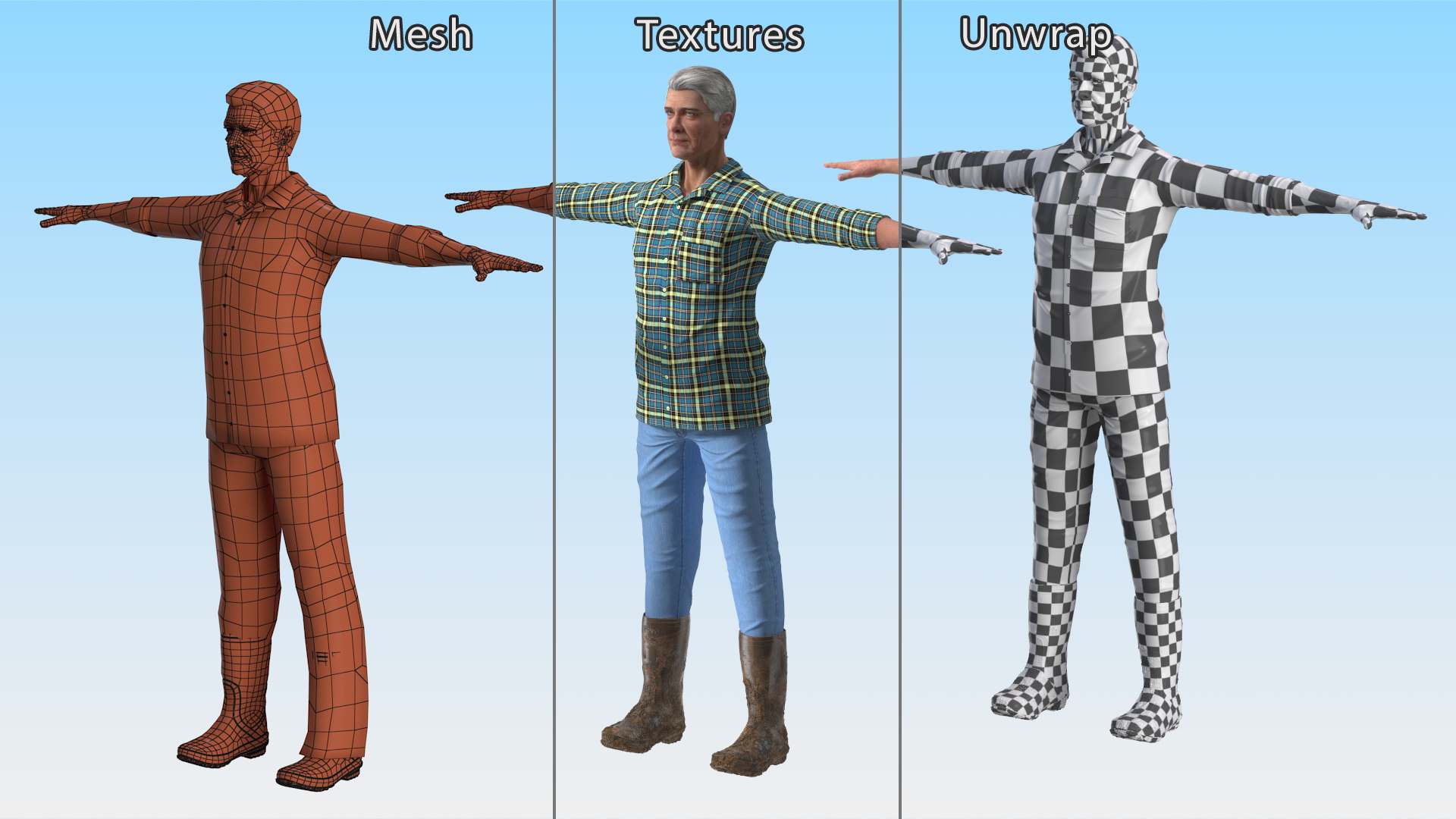 Elderly Man in Rubber Boots 3D