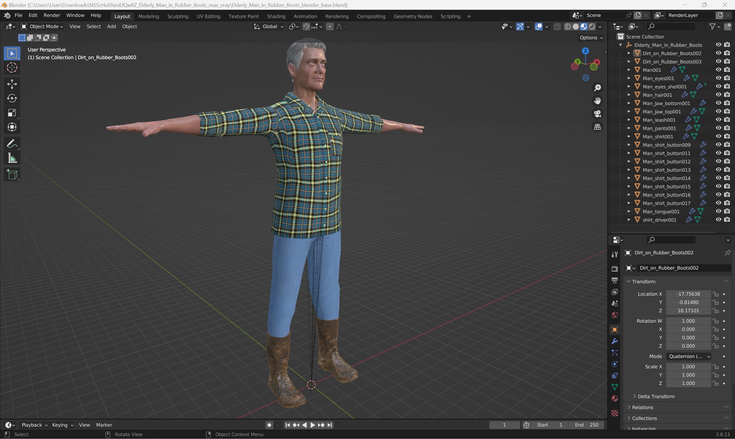 Elderly Man in Rubber Boots 3D