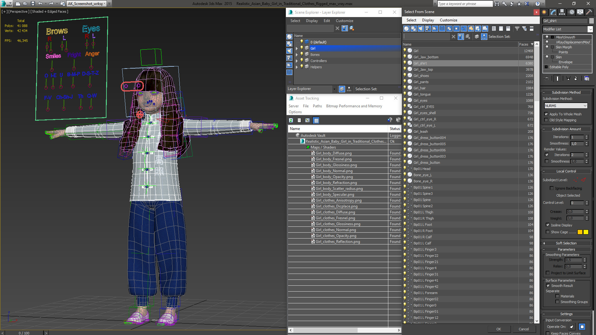 3D model Realistic Asian Baby Girl in Traditional Clothes Rigged