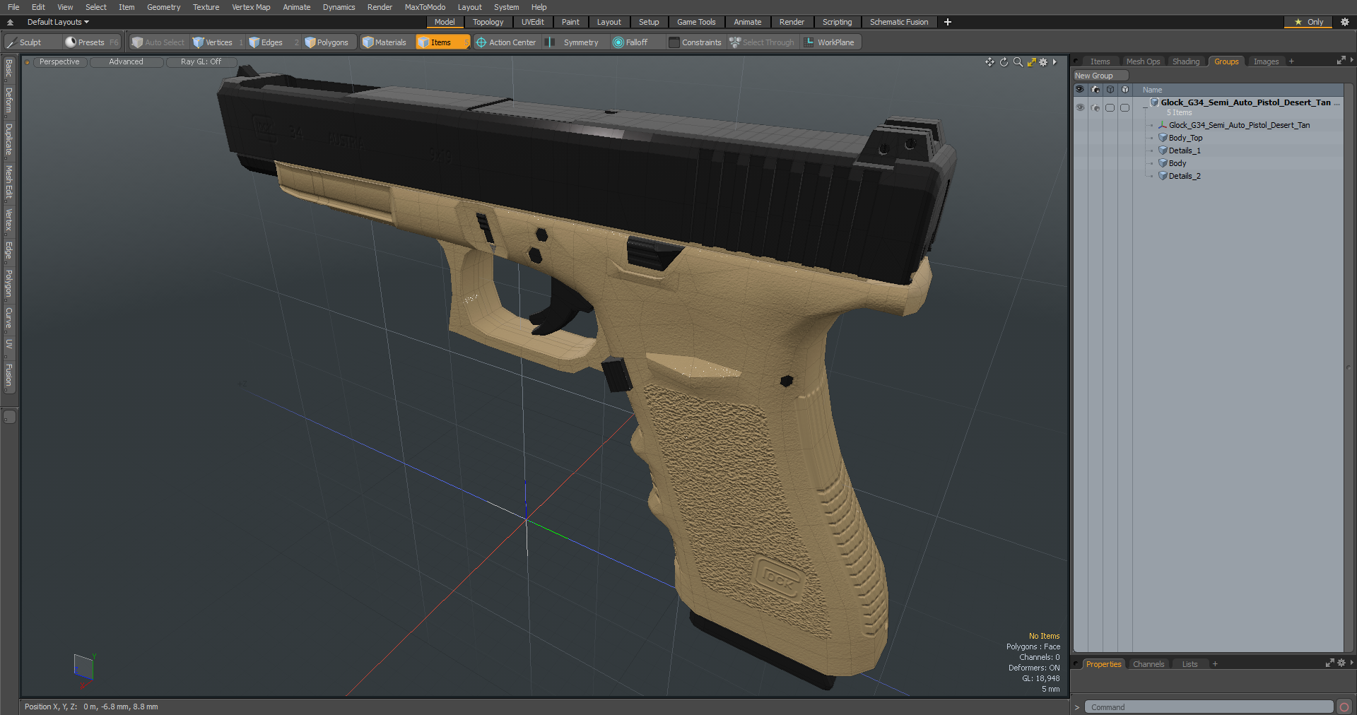 Glock G34 Semi Auto Pistol Desert Tan 3D