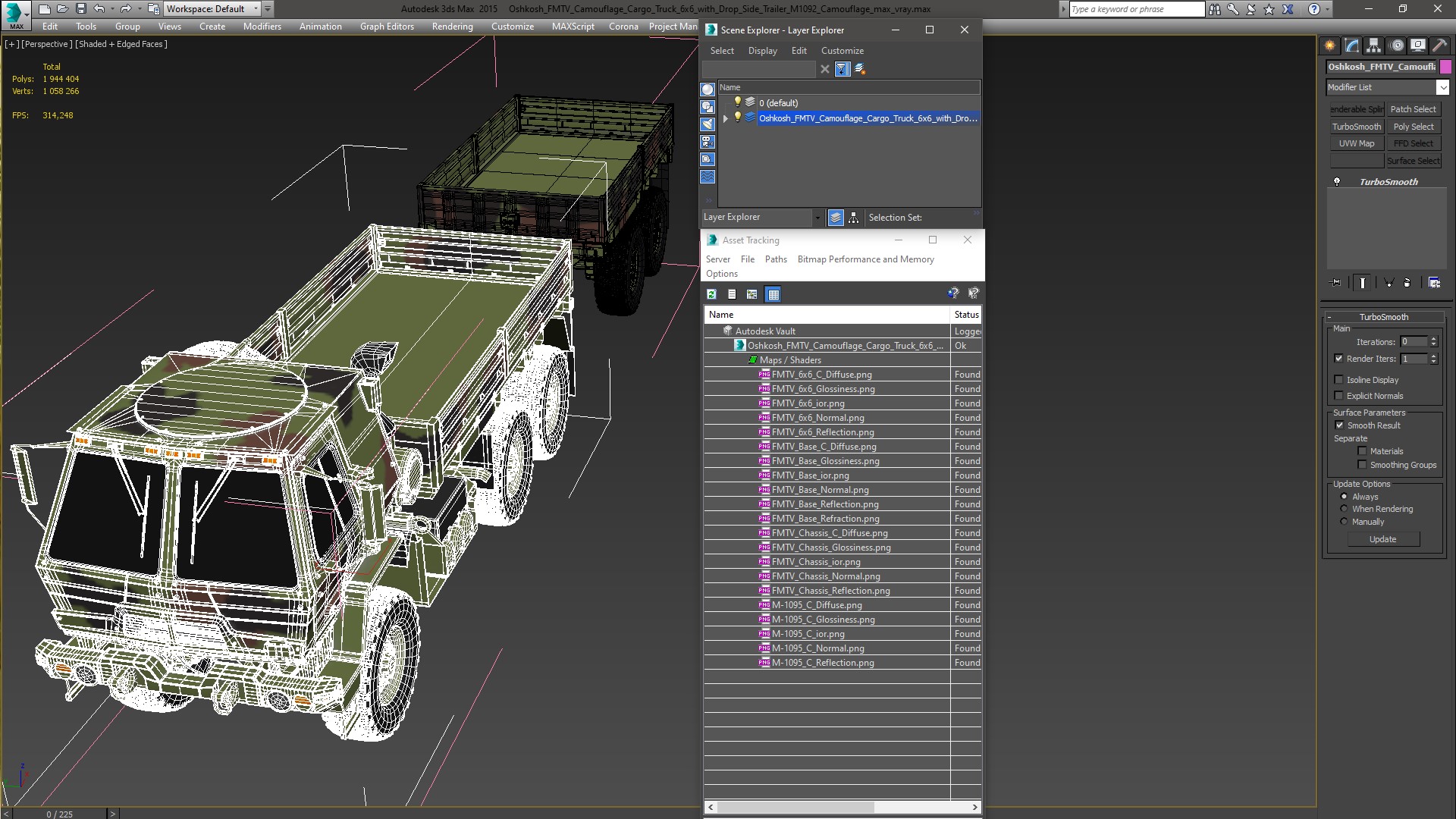 Oshkosh FMTV Camouflage Cargo Truck 6x6 with Drop Side Trailer M1092 Camouflage 3D model