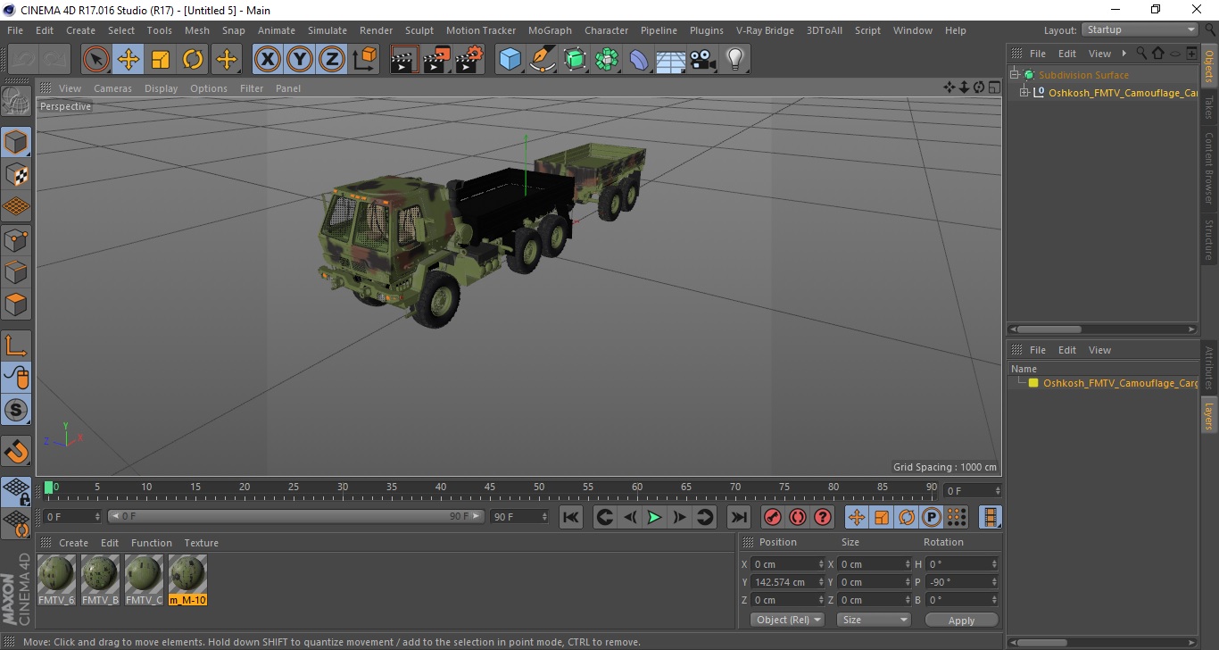 Oshkosh FMTV Camouflage Cargo Truck 6x6 with Drop Side Trailer M1092 Camouflage 3D model