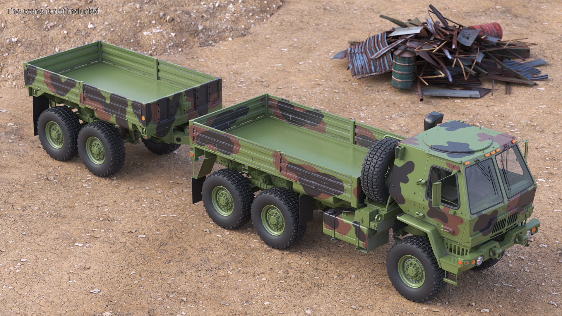 Oshkosh FMTV Camouflage Cargo Truck 6x6 with Drop Side Trailer M1092 Camouflage 3D model