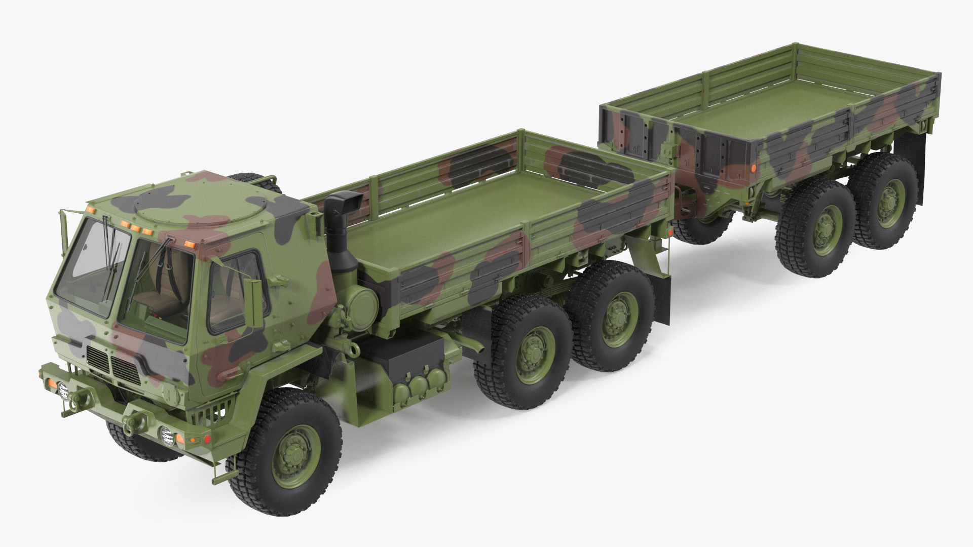 Oshkosh FMTV Camouflage Cargo Truck 6x6 with Drop Side Trailer M1092 Camouflage 3D model