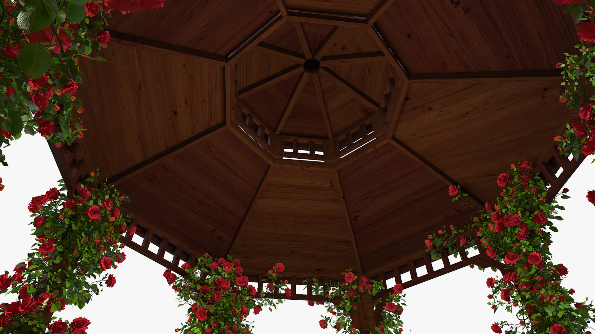 3D Wooden Gazebo Covered with Red Roses