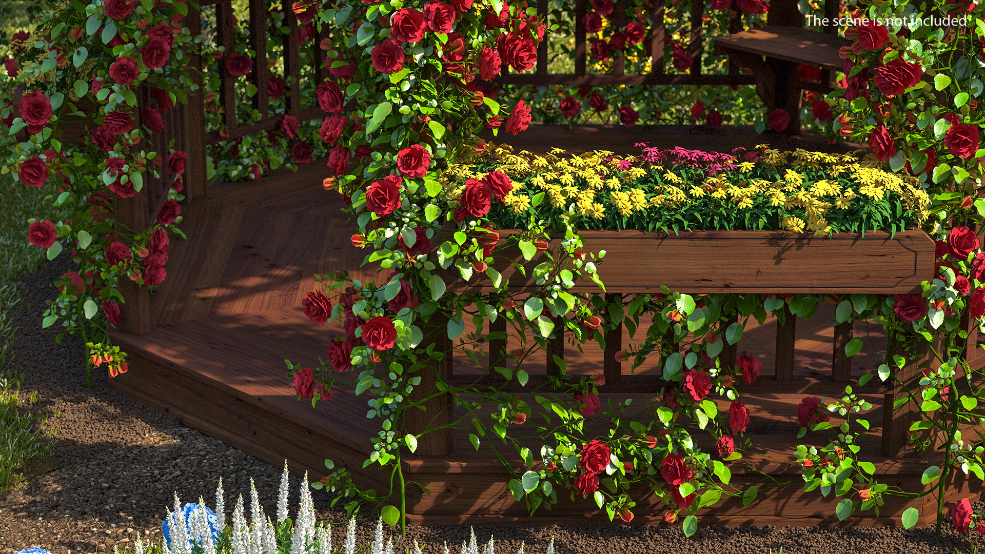 3D Wooden Gazebo Covered with Red Roses