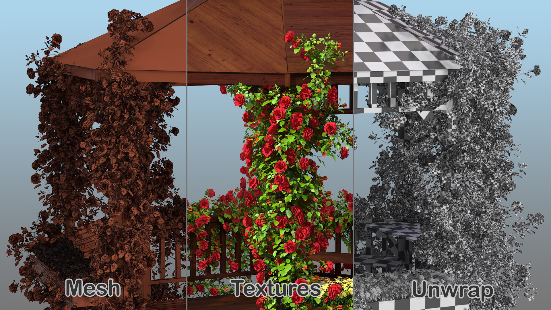 3D Wooden Gazebo Covered with Red Roses