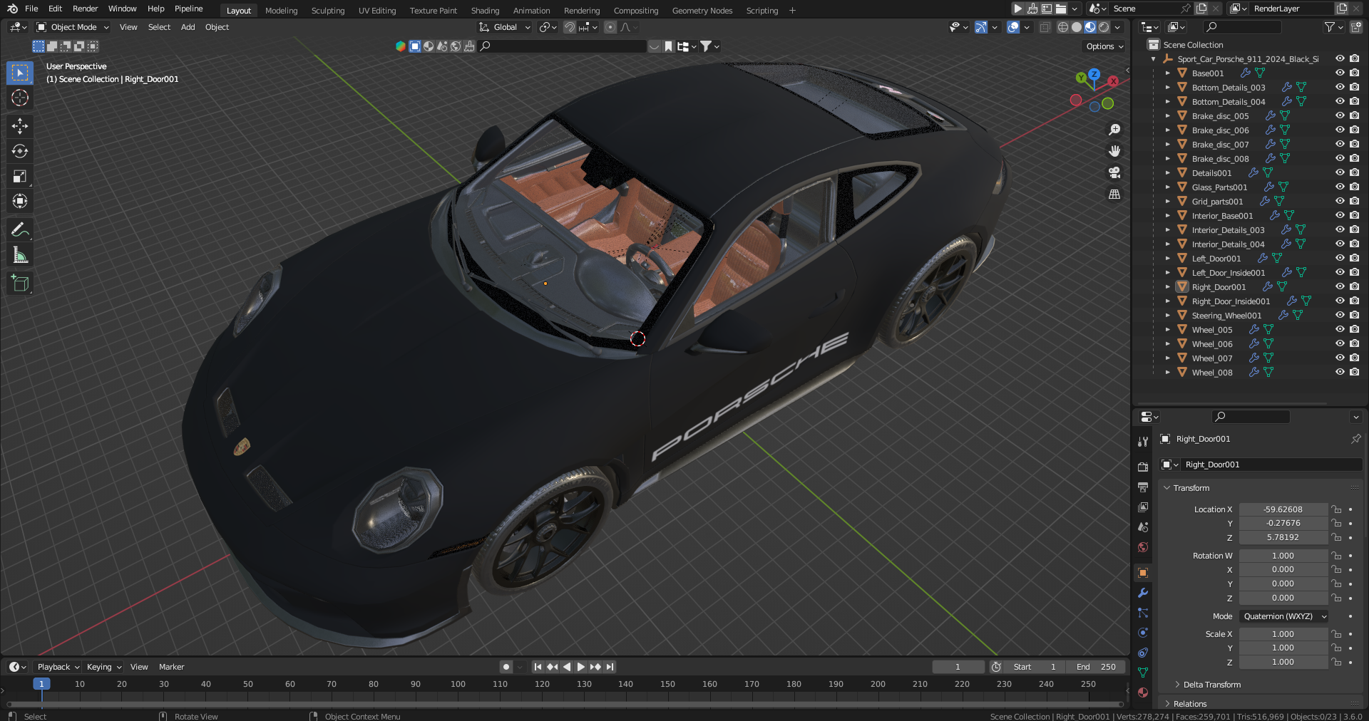 3D Sport Car Porsche 911 2024 Black Simplified model