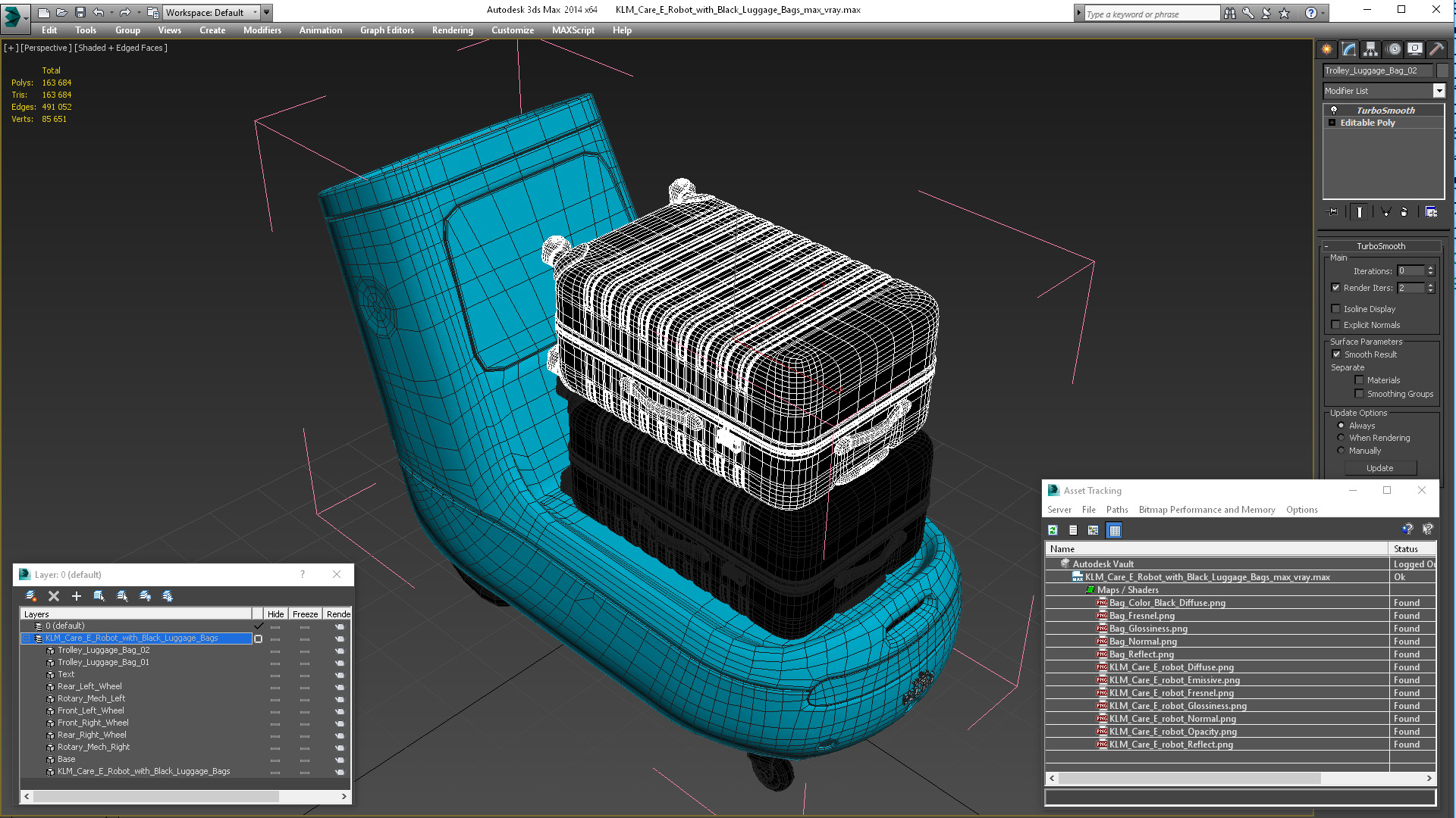 3D model KLM Care E Robot with Black Luggage Bags