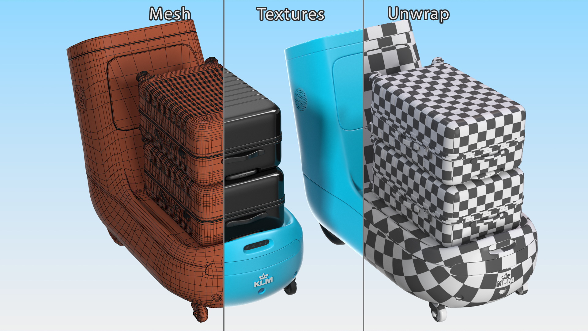 3D model KLM Care E Robot with Black Luggage Bags