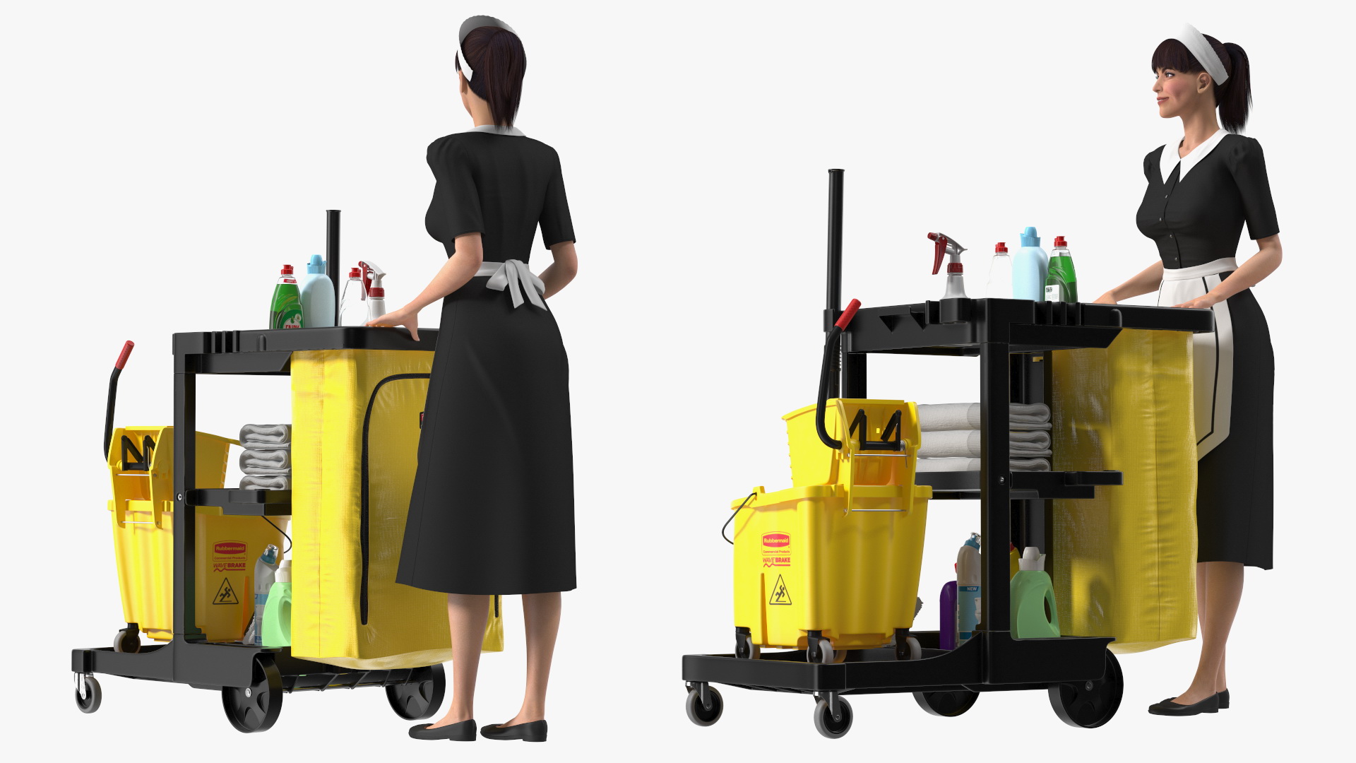 Housekeeping Maid With Multi Shelf Cleaning Cart Fur 3D