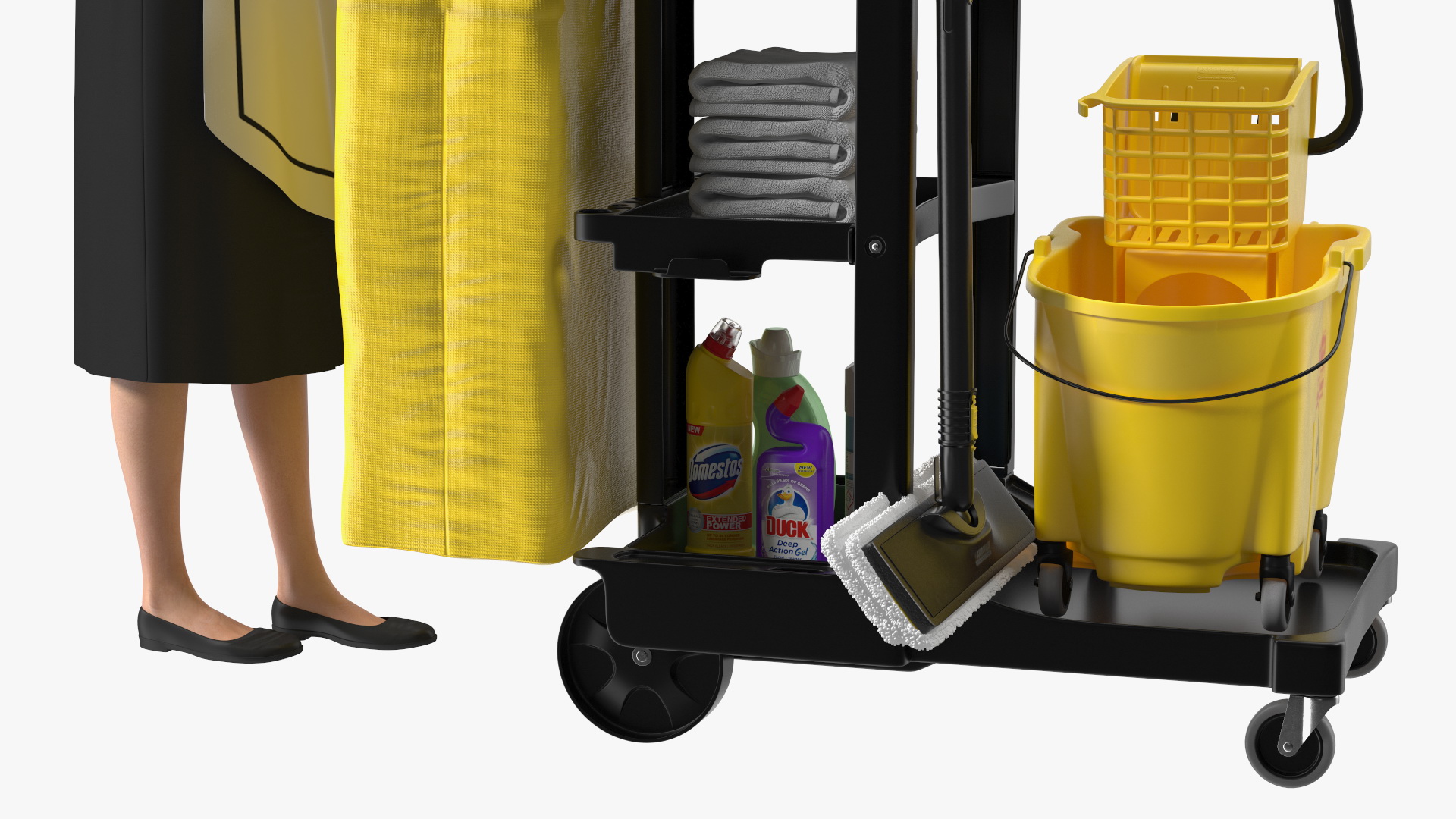 Housekeeping Maid With Multi Shelf Cleaning Cart Fur 3D