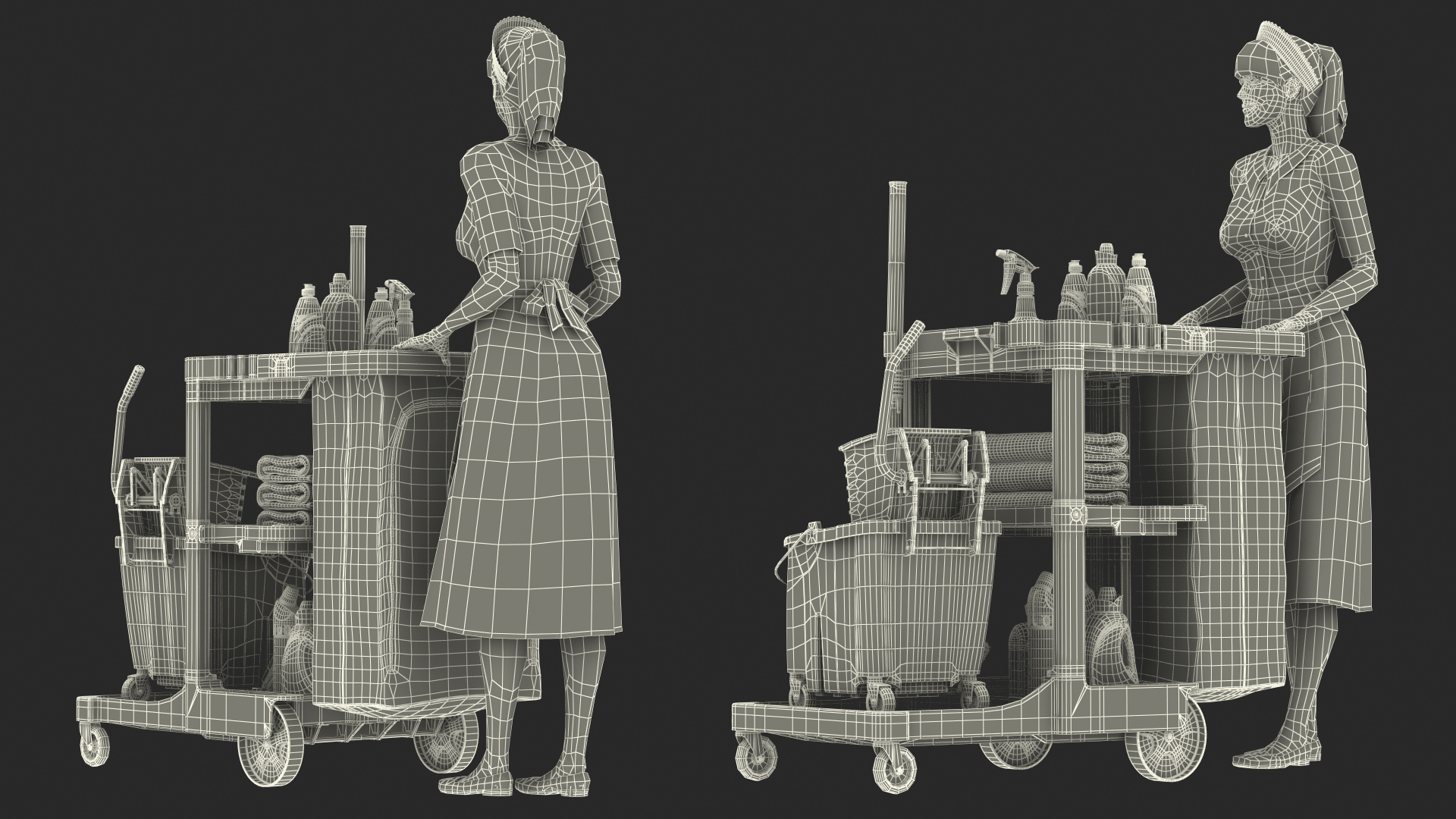Housekeeping Maid With Multi Shelf Cleaning Cart Fur 3D