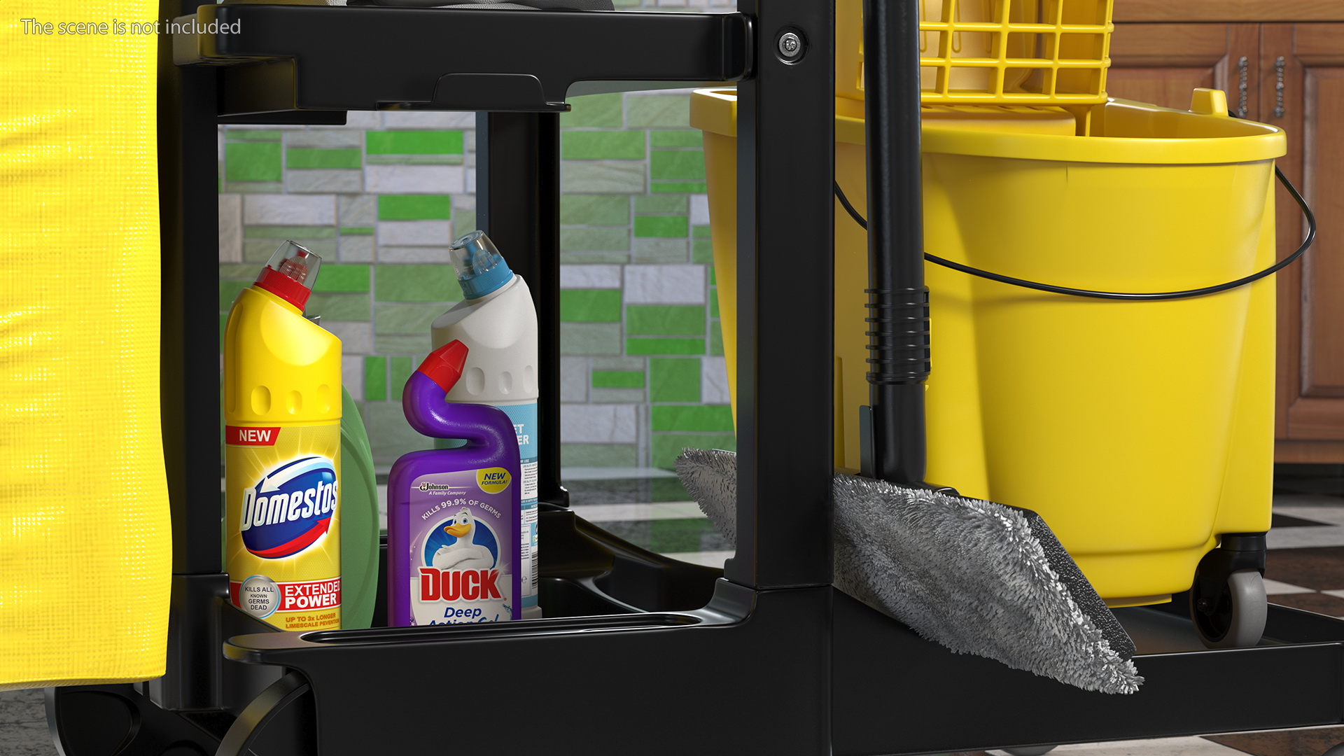 Housekeeping Maid With Multi Shelf Cleaning Cart Fur 3D