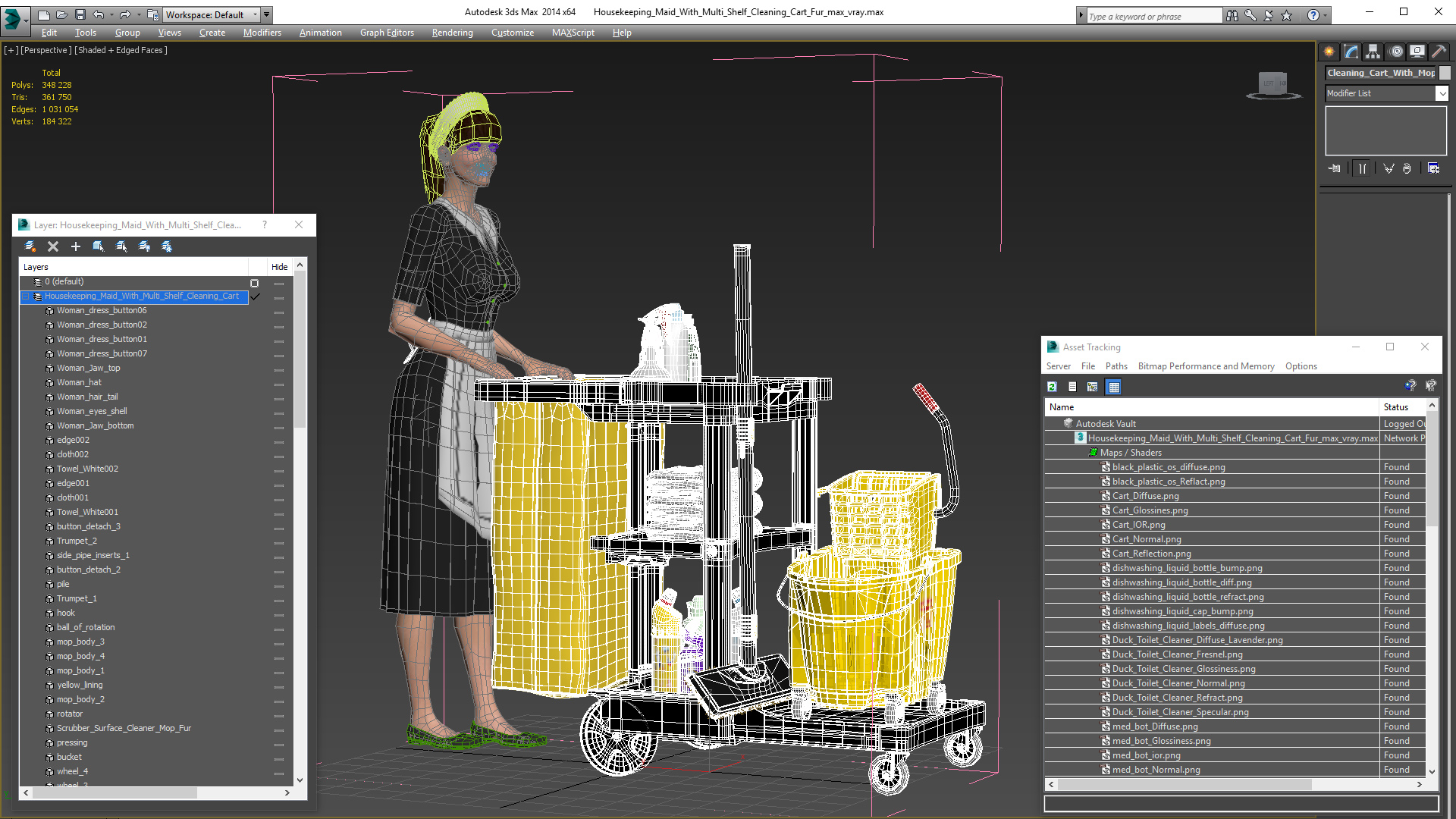 Housekeeping Maid With Multi Shelf Cleaning Cart Fur 3D