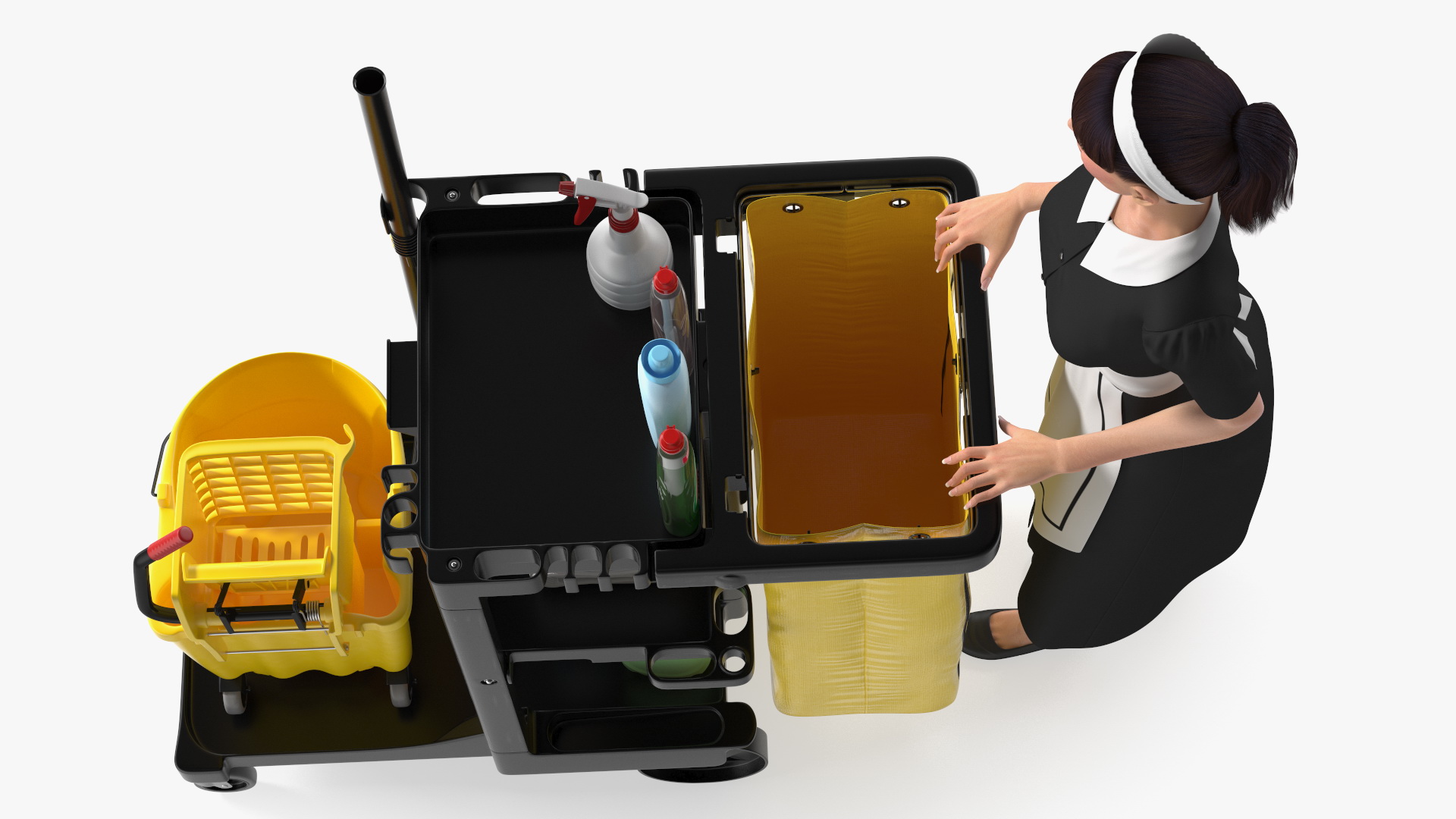 Housekeeping Maid With Multi Shelf Cleaning Cart Fur 3D