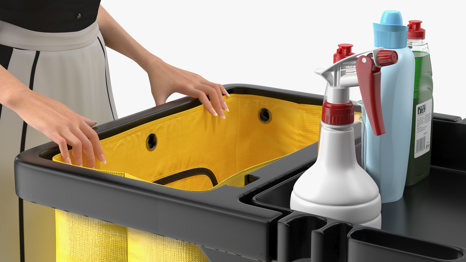 Housekeeping Maid With Multi Shelf Cleaning Cart Fur 3D