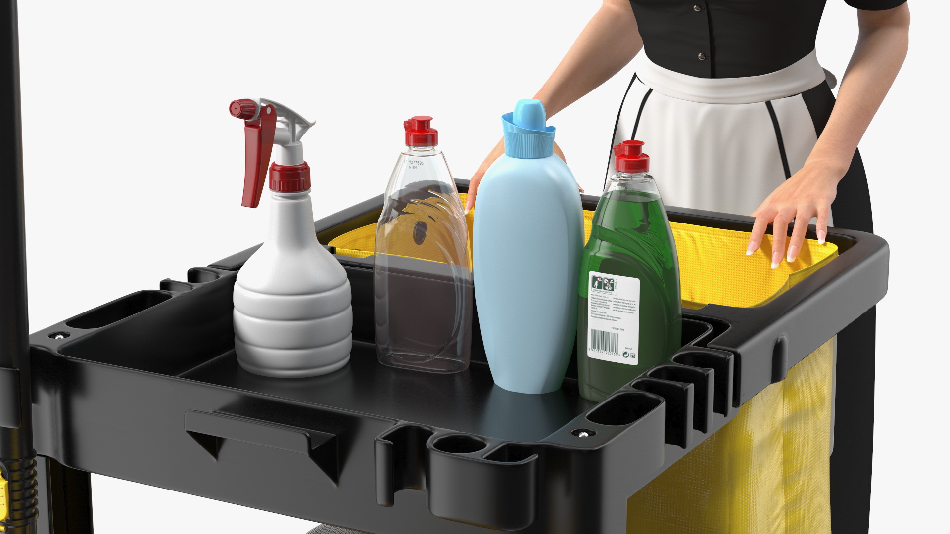 Housekeeping Maid With Multi Shelf Cleaning Cart Fur 3D