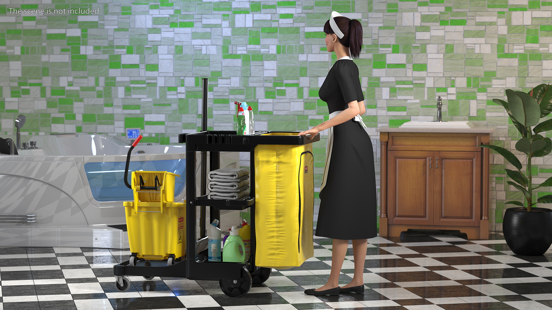 Housekeeping Maid With Multi Shelf Cleaning Cart Fur 3D
